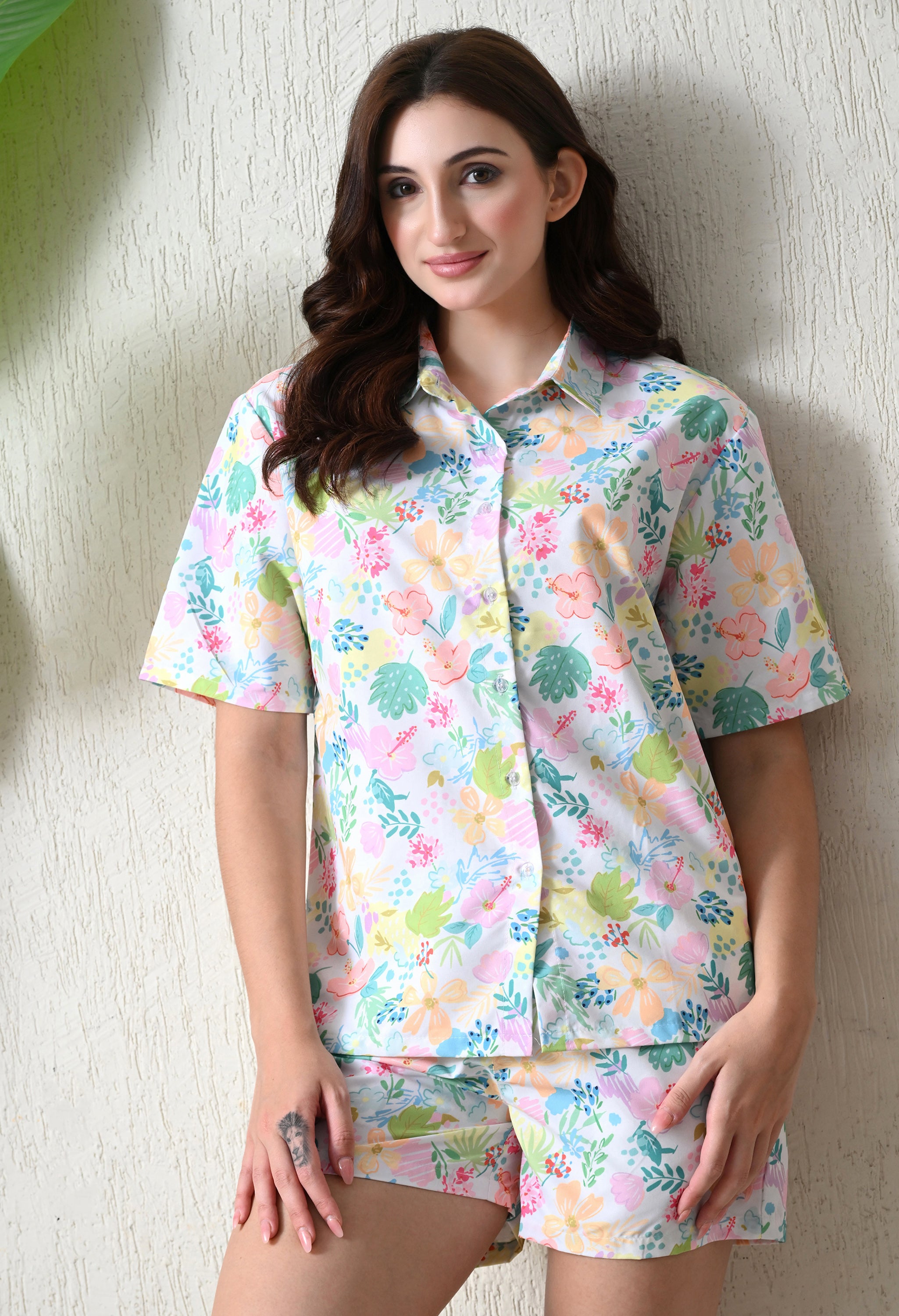 White Pastel Floral Printed Japanese Blend Cotton Shirt & Short Set by Ameerah