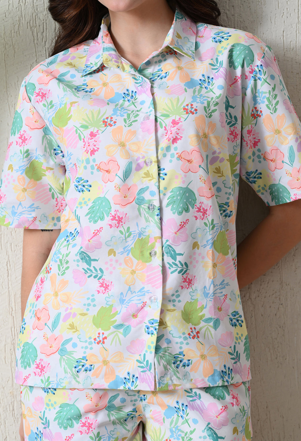 White Pastel Floral Printed Japanese Blend Cotton Shirt & Short Set by Ameerah