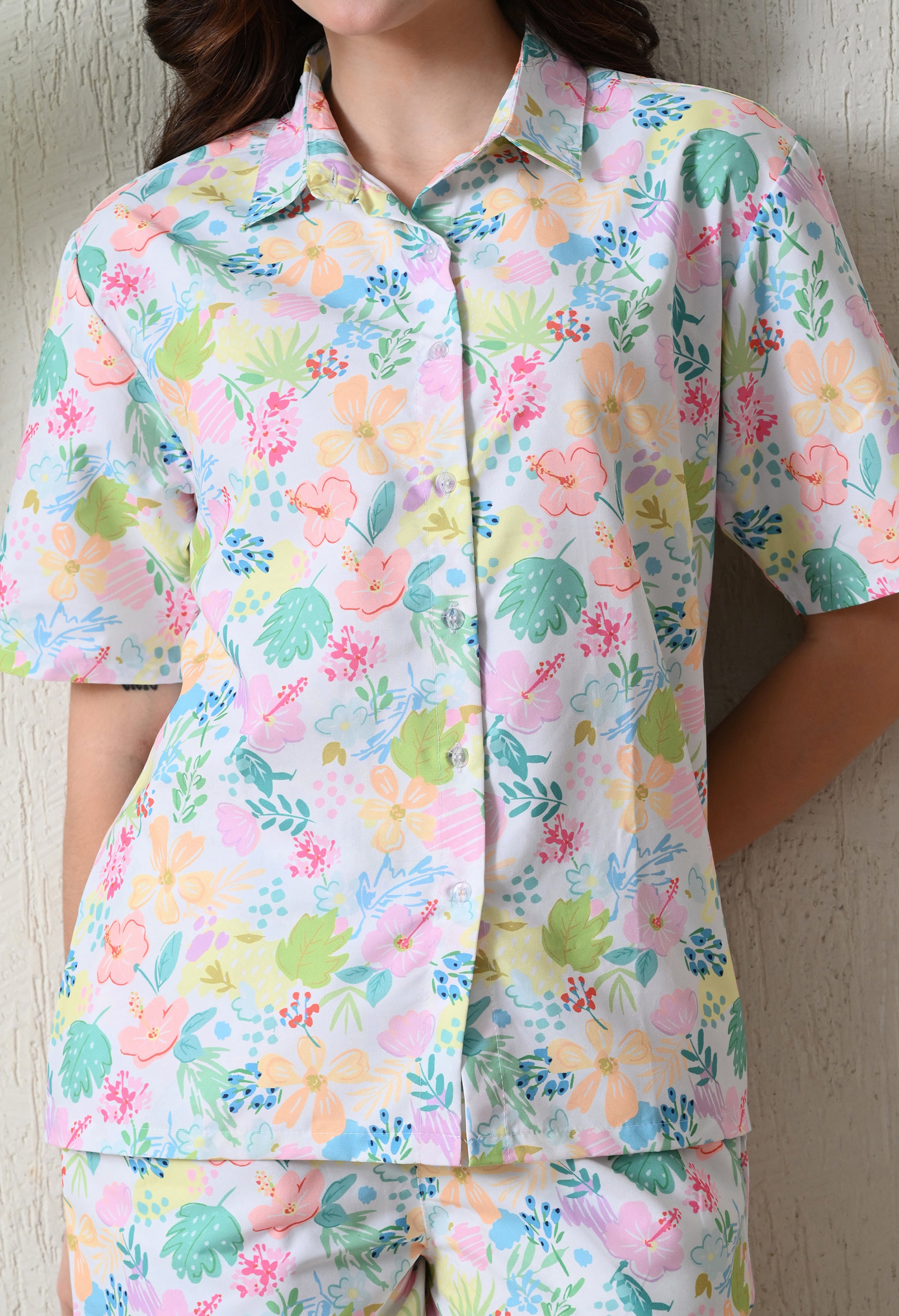 White Pastel Floral Printed Japanese Blend Cotton Shirt & Short Set by Ameerah