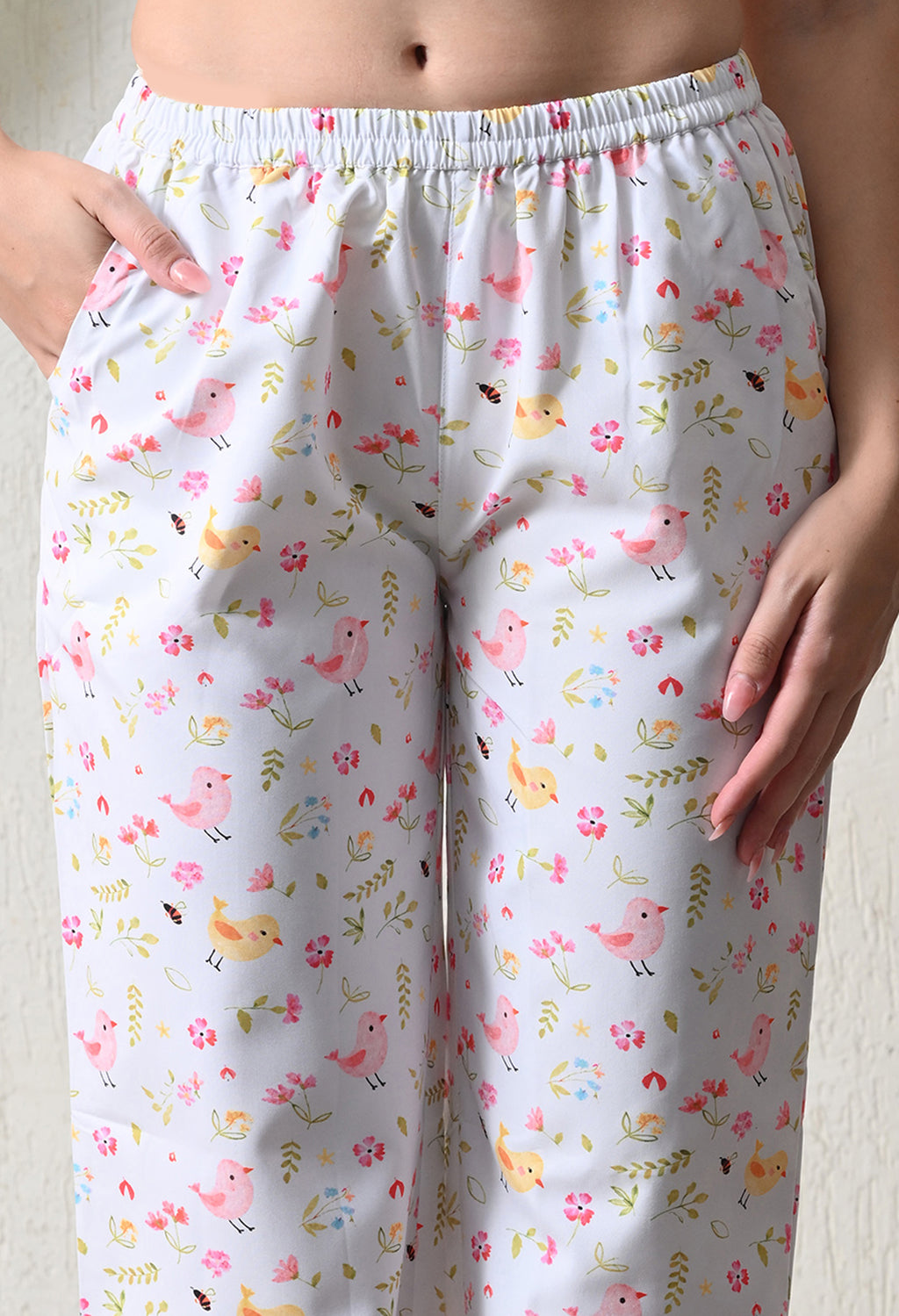 White Bird & Floral Printed Japanese Blend Cotton Nightsuit Set by Ameerah