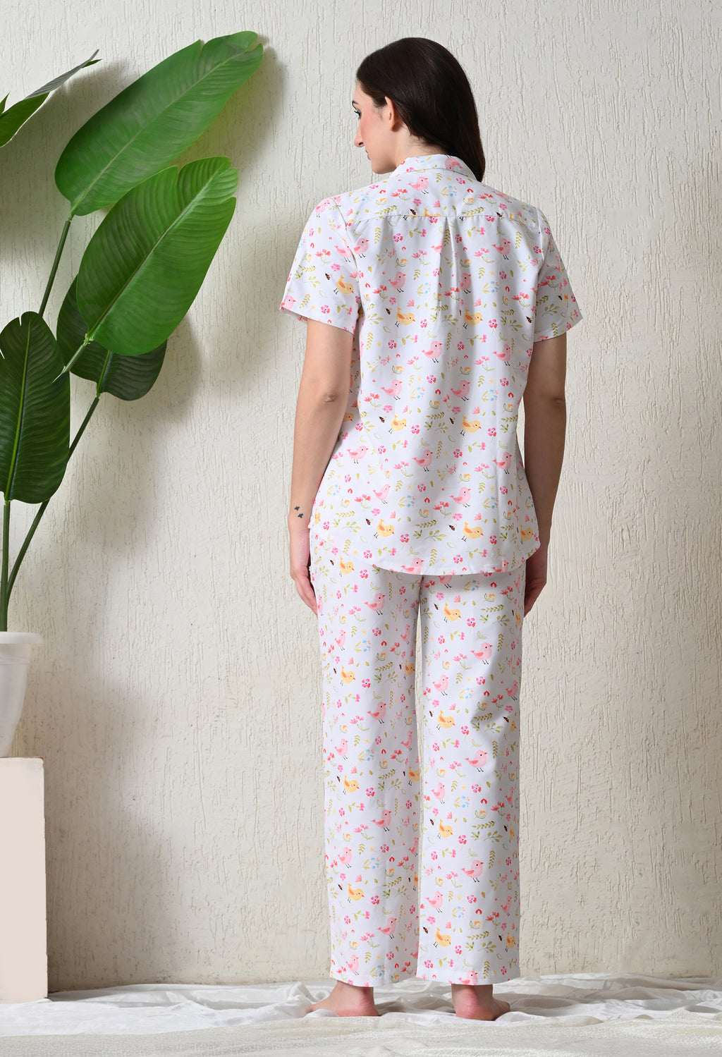 White Bird & Floral Printed Japanese Blend Cotton Nightsuit Set by Ameerah