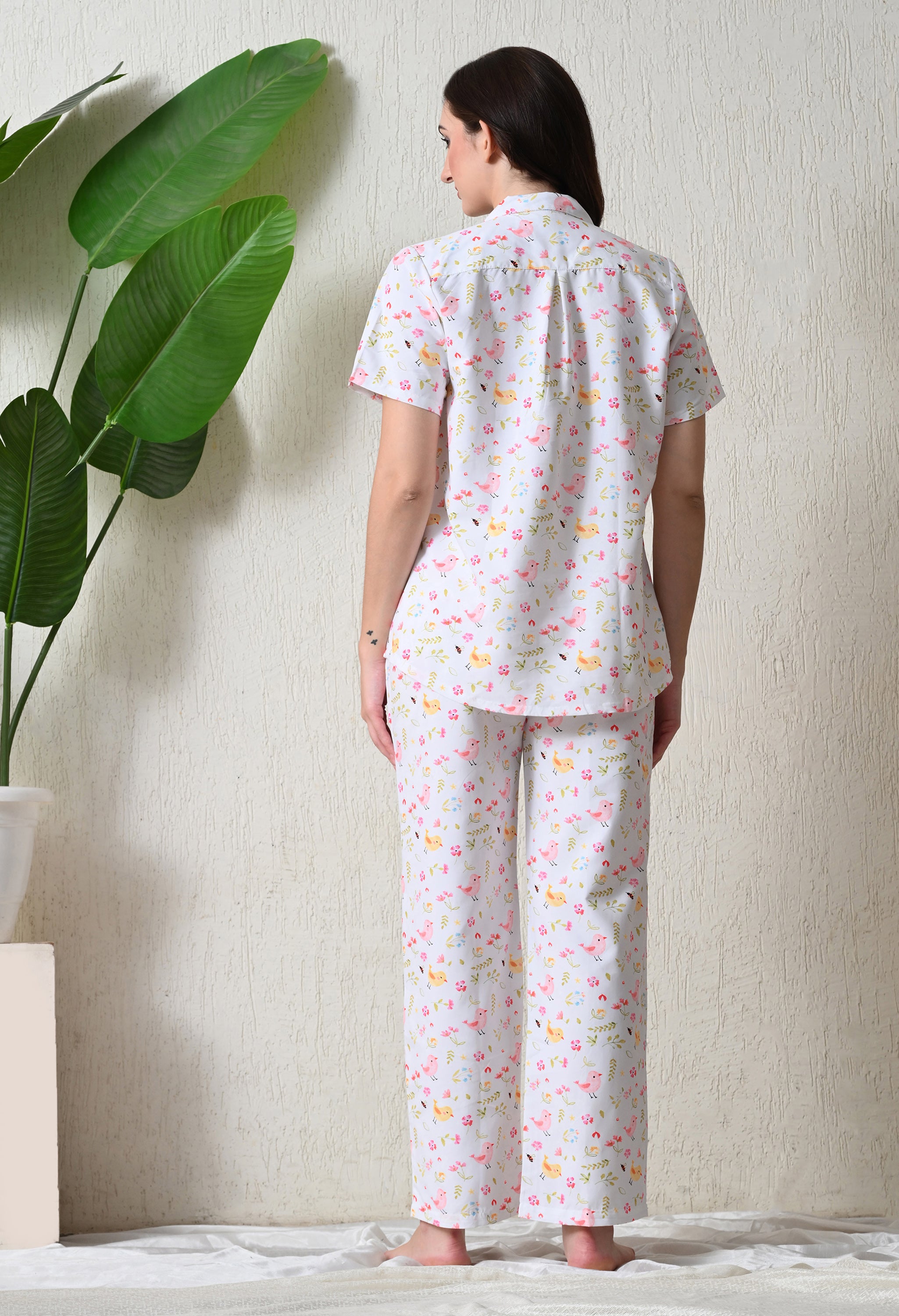 White Bird & Floral Printed Japanese Blend Cotton Nightsuit Set by Ameerah