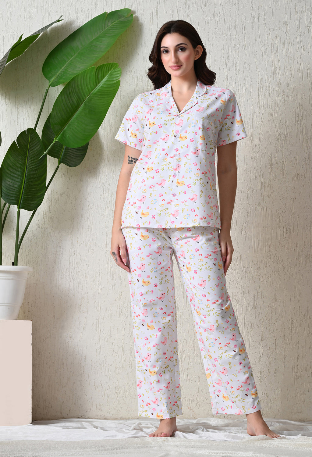 White Bird & Floral Printed Japanese Blend Cotton Nightsuit Set by Ameerah