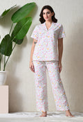 White Bird & Floral Printed Japanese Blend Cotton Nightsuit Set by Ameerah