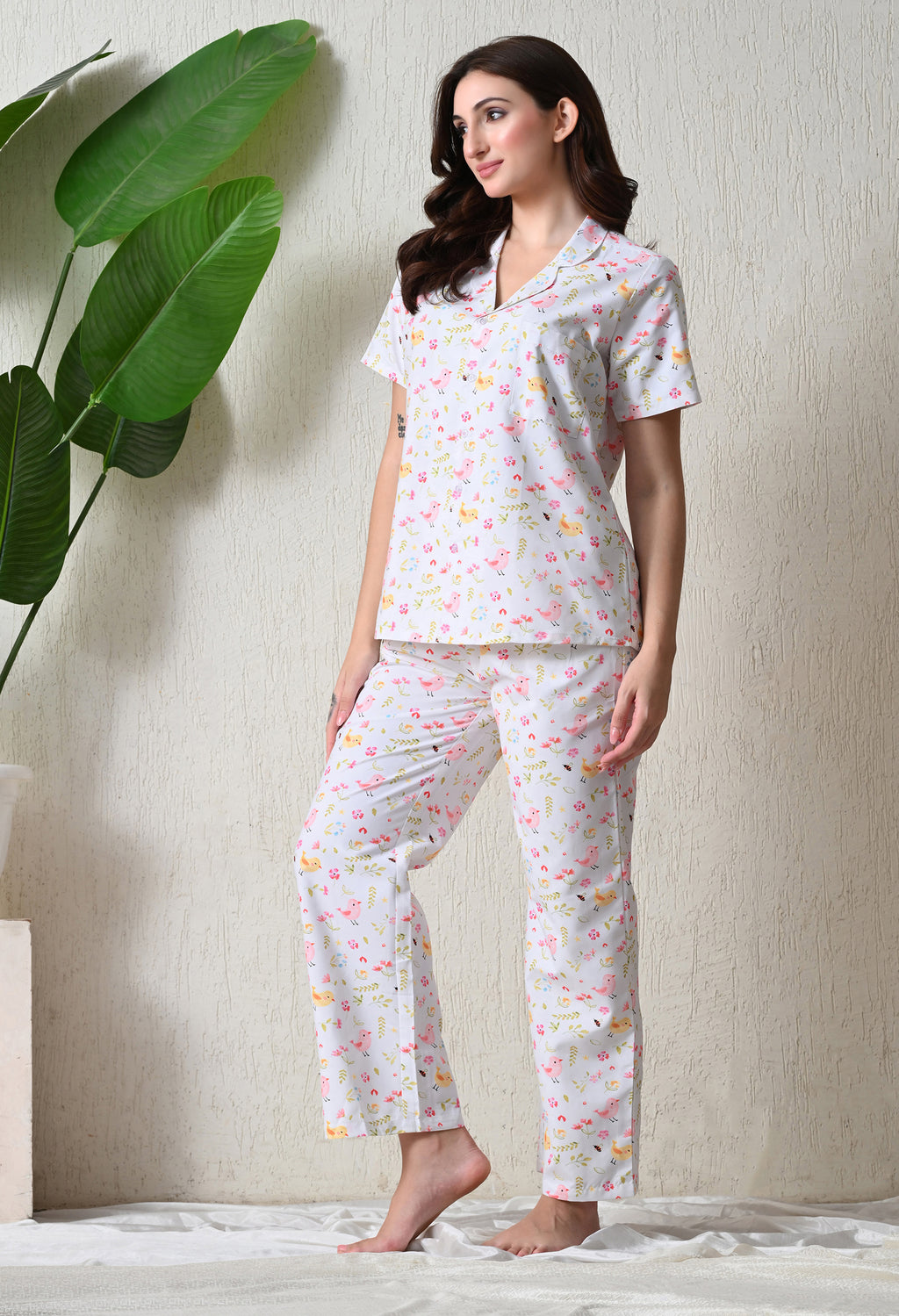 White Bird & Floral Printed Japanese Blend Cotton Nightsuit Set by Ameerah