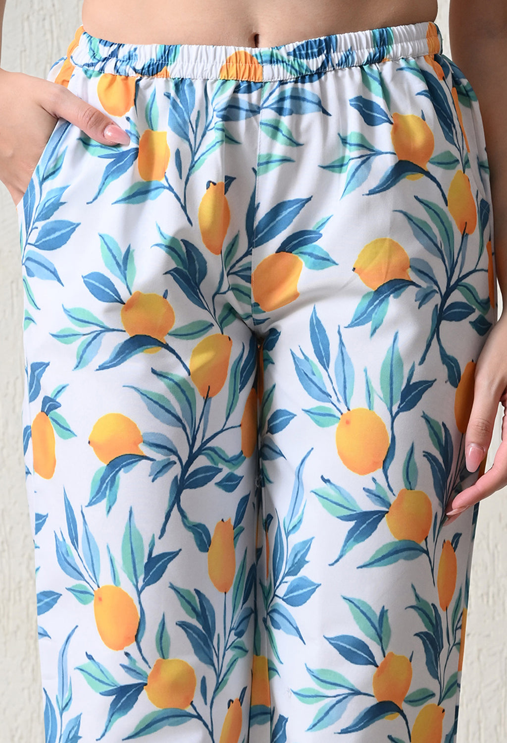 Off-White Lemon Printed Japanese Blend Cotton Nightsuit Set by Ameerah