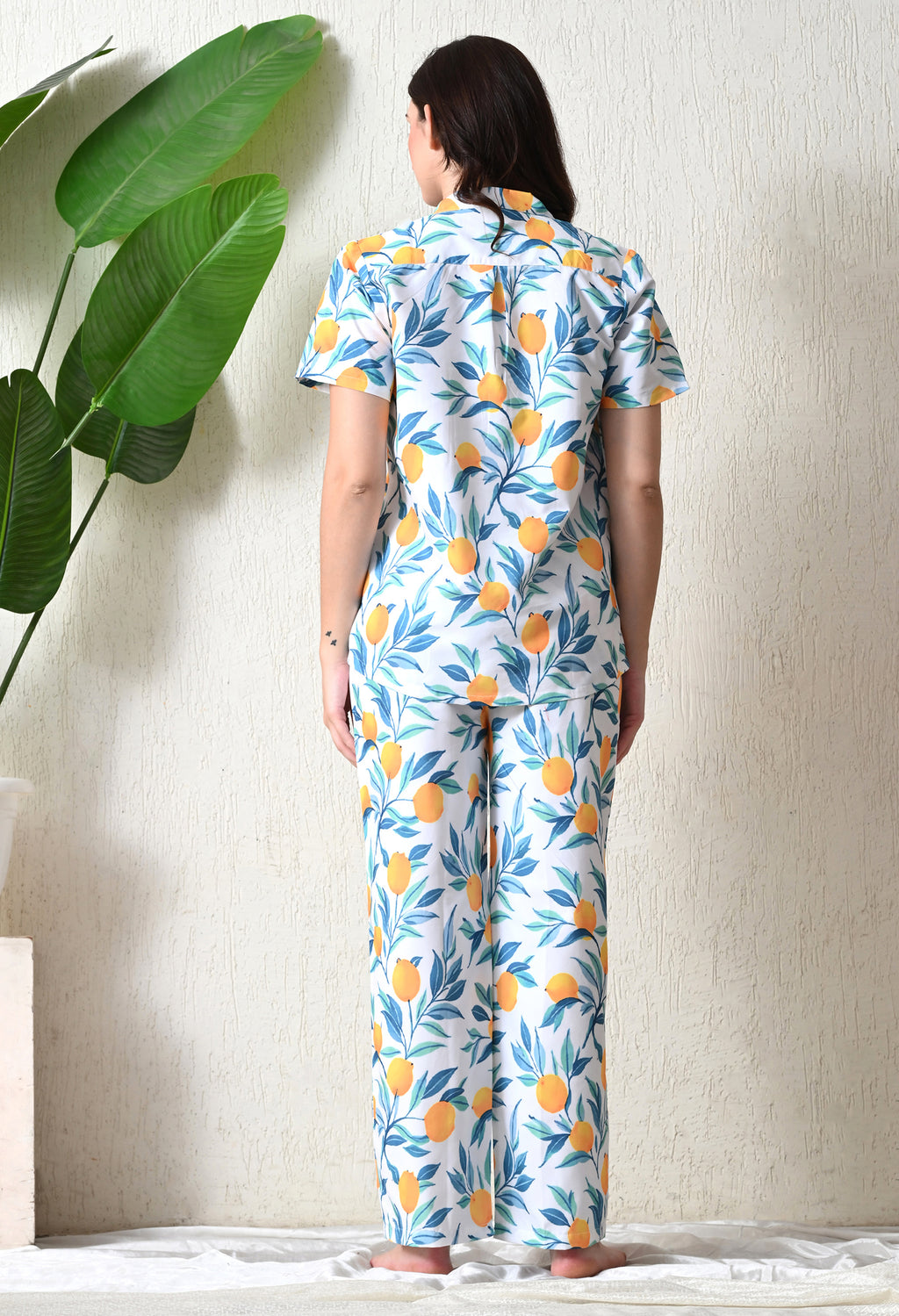 Off-White Lemon Printed Japanese Blend Cotton Nightsuit Set by Ameerah