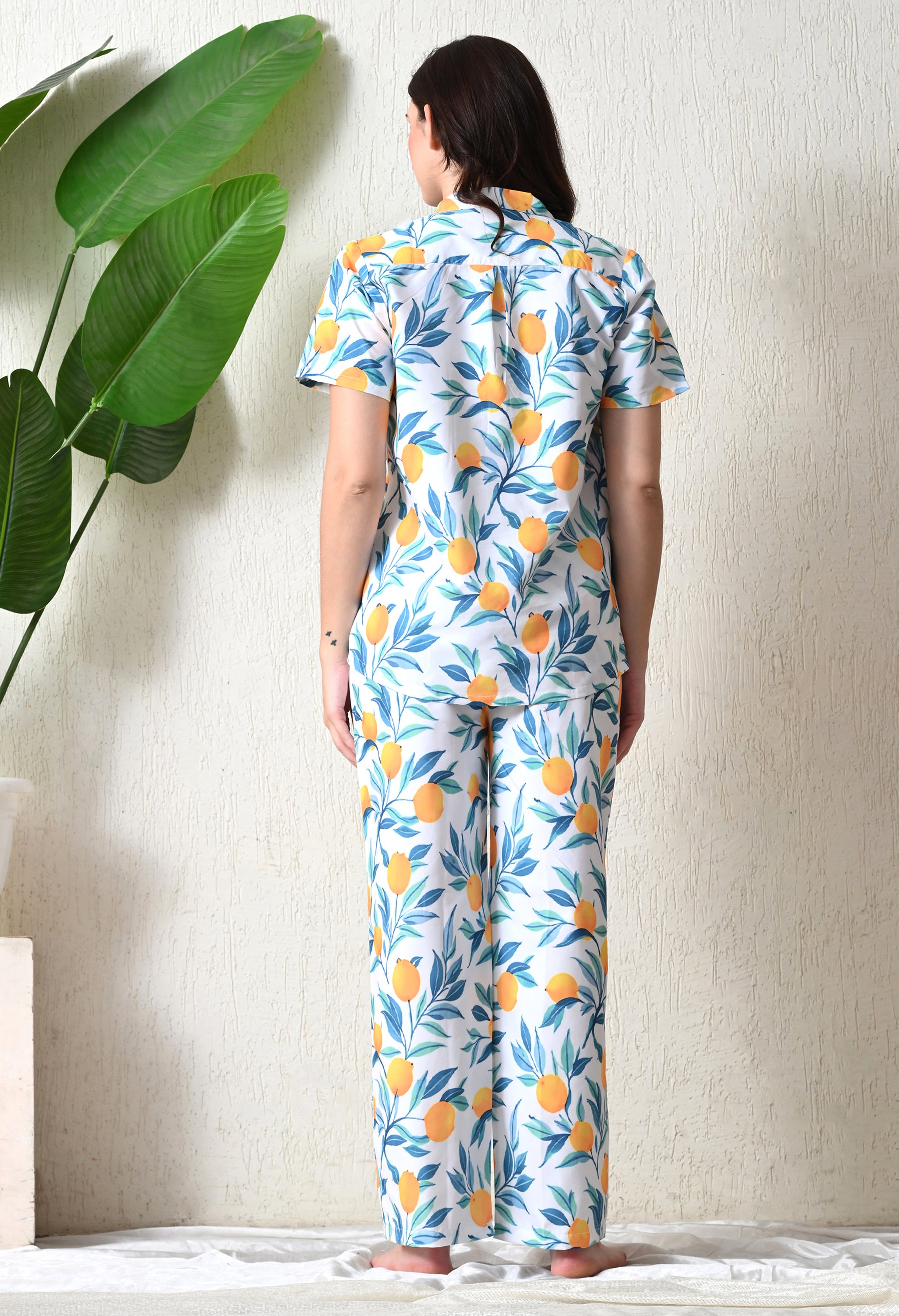 Off-White Lemon Printed Japanese Blend Cotton Nightsuit Set by Ameerah