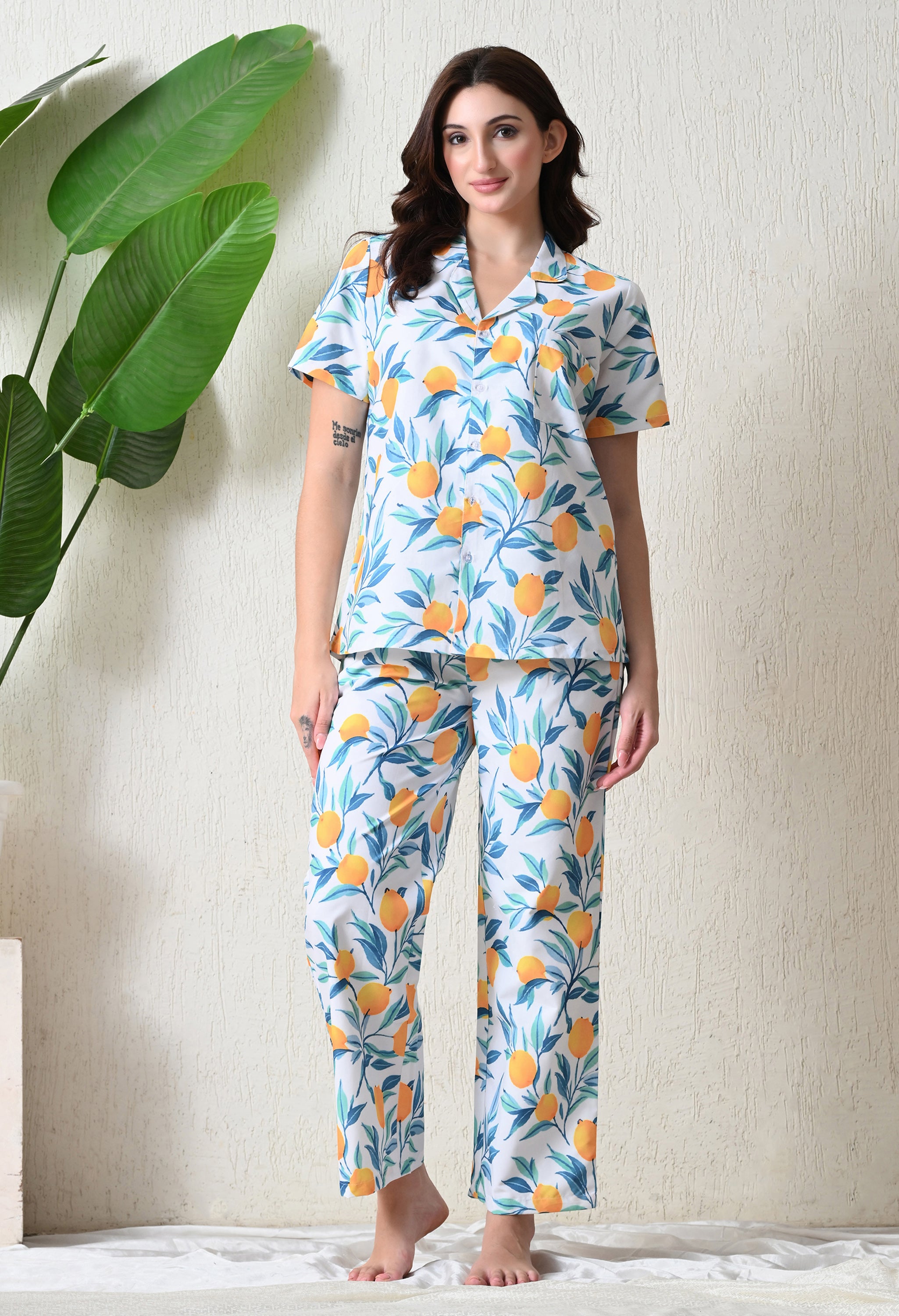 Off-White Lemon Printed Japanese Blend Cotton Nightsuit Set by Ameerah