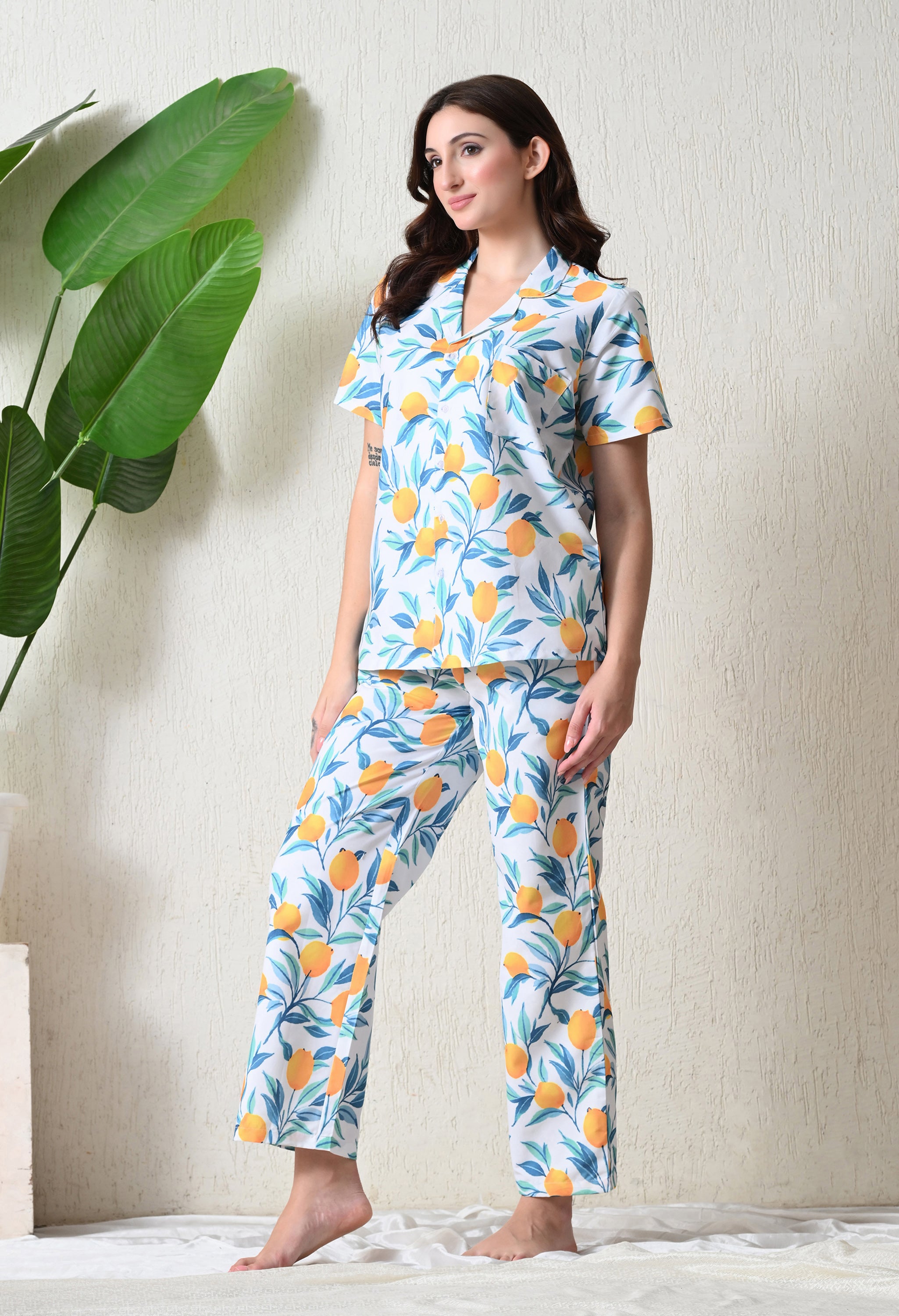 Off-White Lemon Printed Japanese Blend Cotton Nightsuit Set by Ameerah