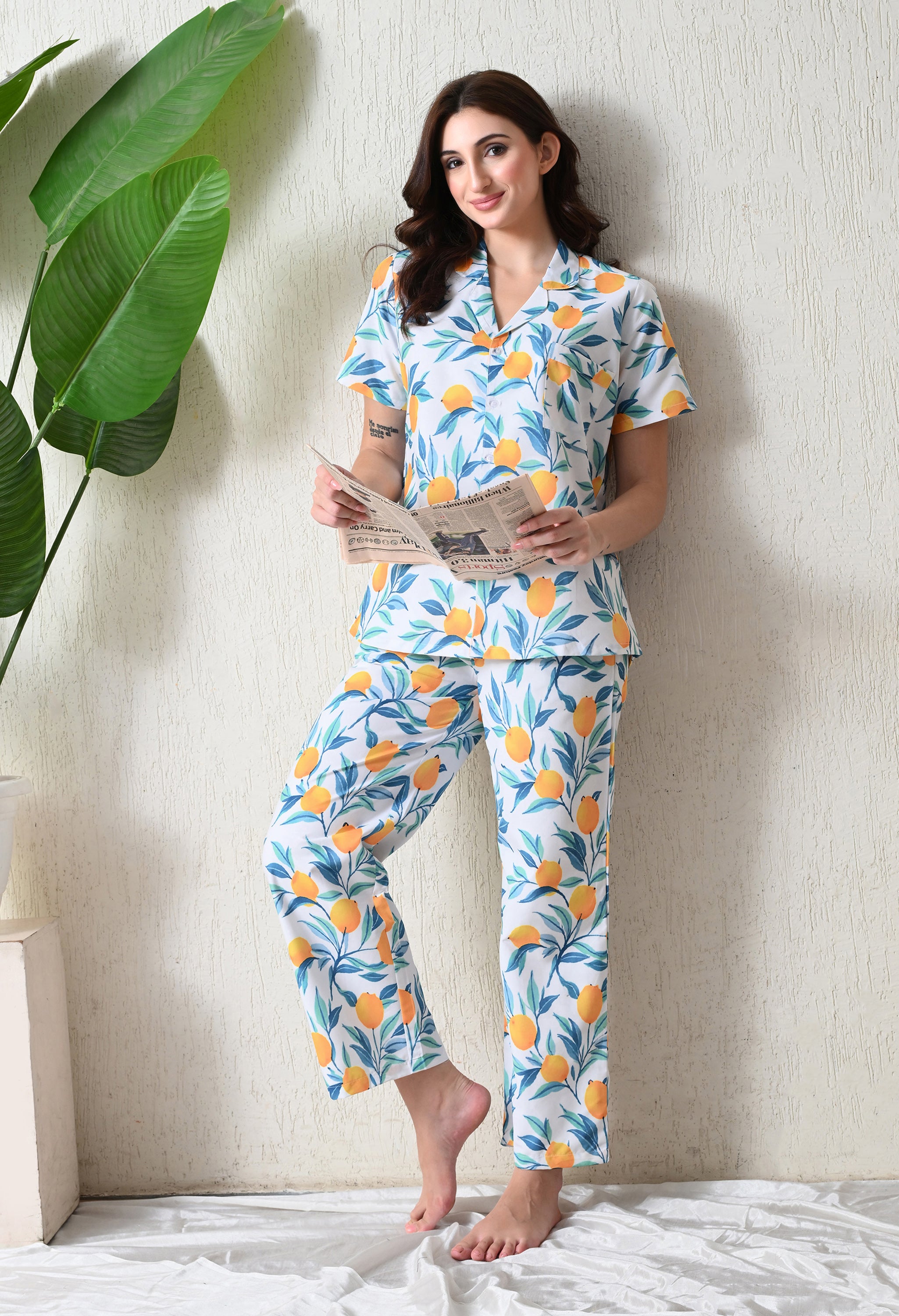 Off-White Lemon Printed Japanese Blend Cotton Nightsuit Set by Ameerah