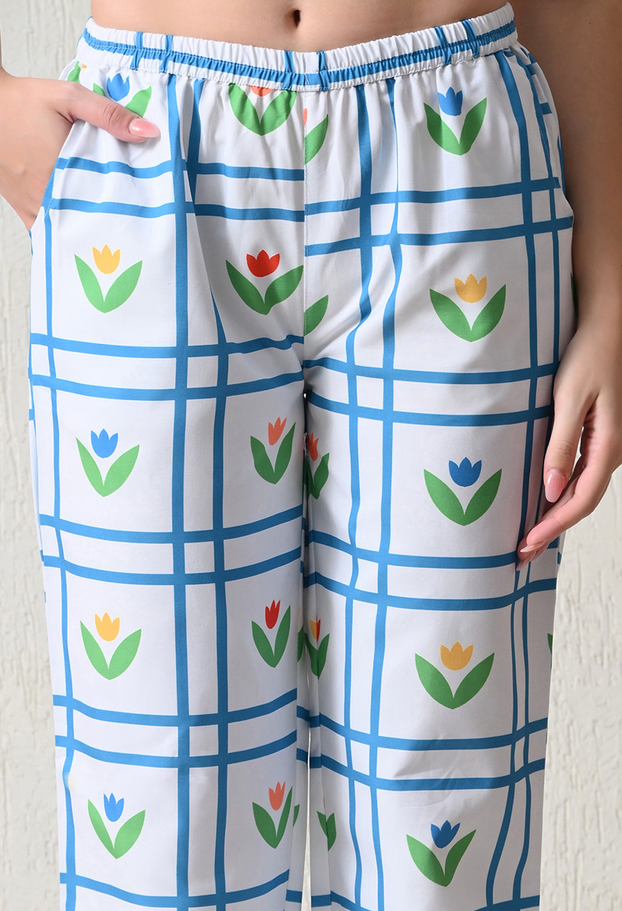White Blue Grid Floral Printed Japanese Blend Cotton Nightsuit Set by Ameerah
