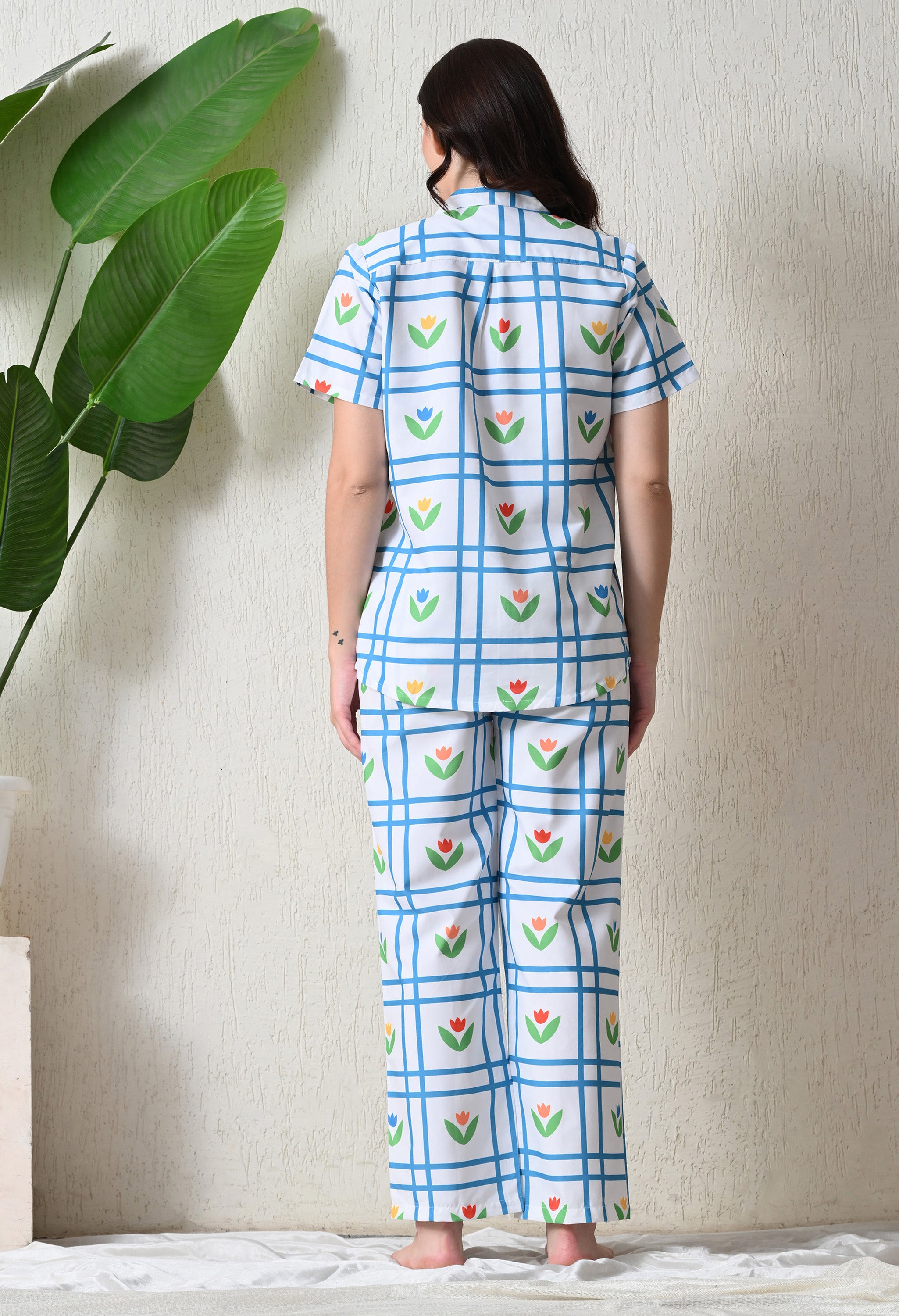 White Blue Grid Floral Printed Japanese Blend Cotton Nightsuit Set by Ameerah