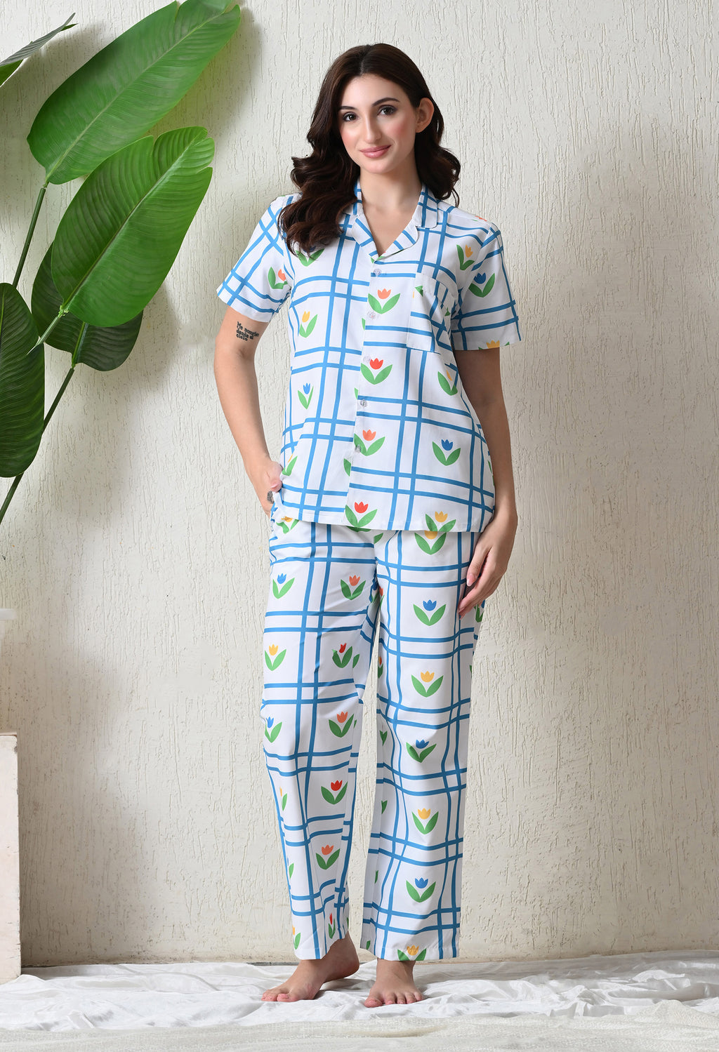White Blue Grid Floral Printed Japanese Blend Cotton Nightsuit Set by Ameerah