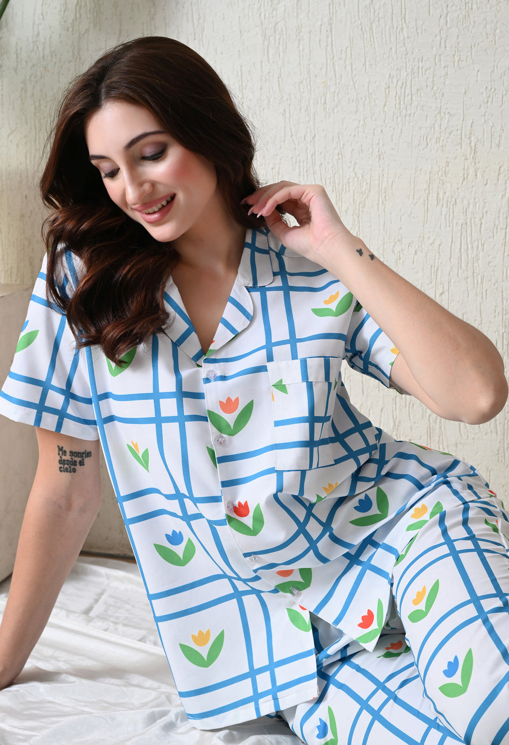 White Blue Grid Floral Printed Japanese Blend Cotton Nightsuit Set by Ameerah