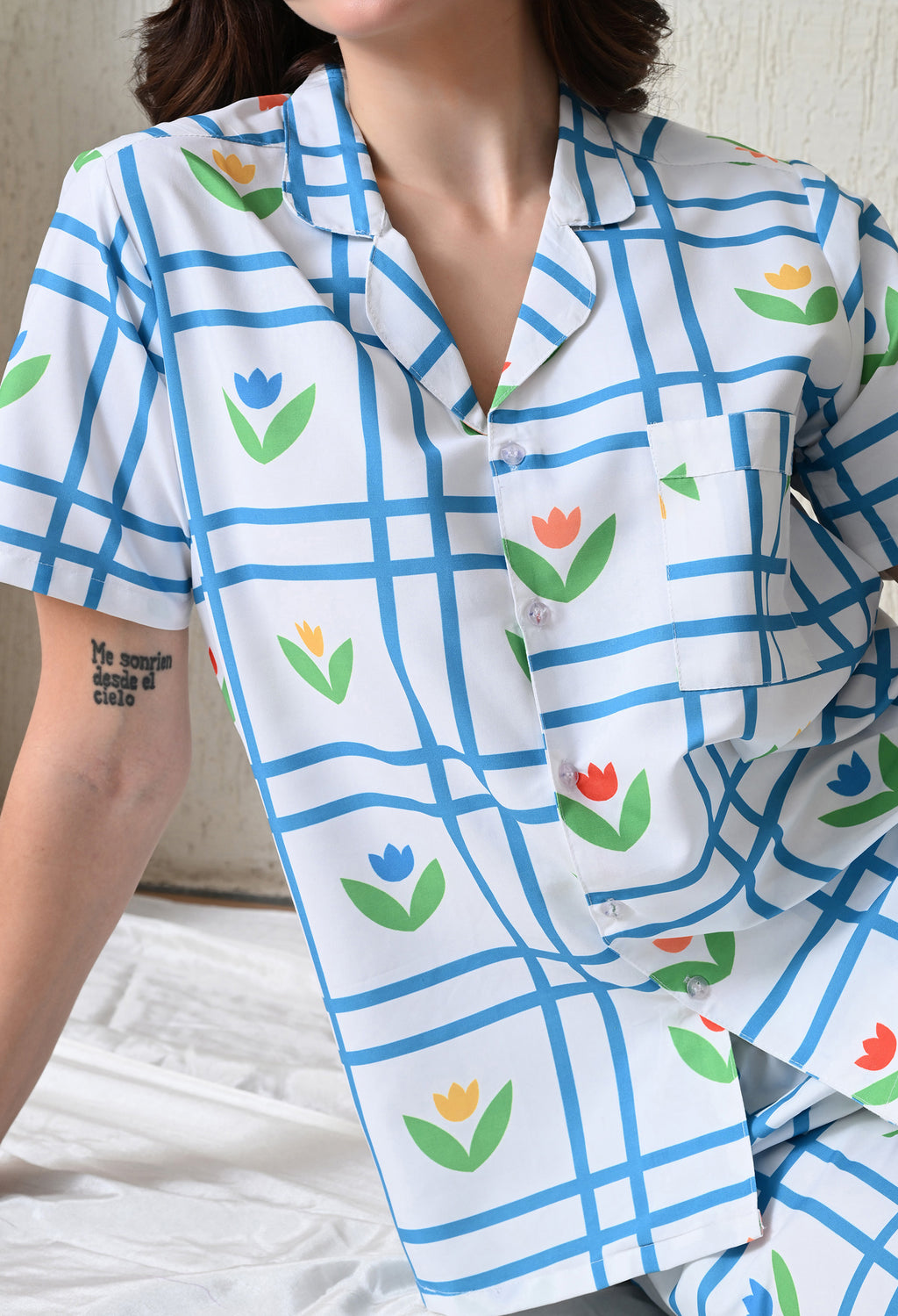 White Blue Grid Floral Printed Japanese Blend Cotton Nightsuit Set by Ameerah