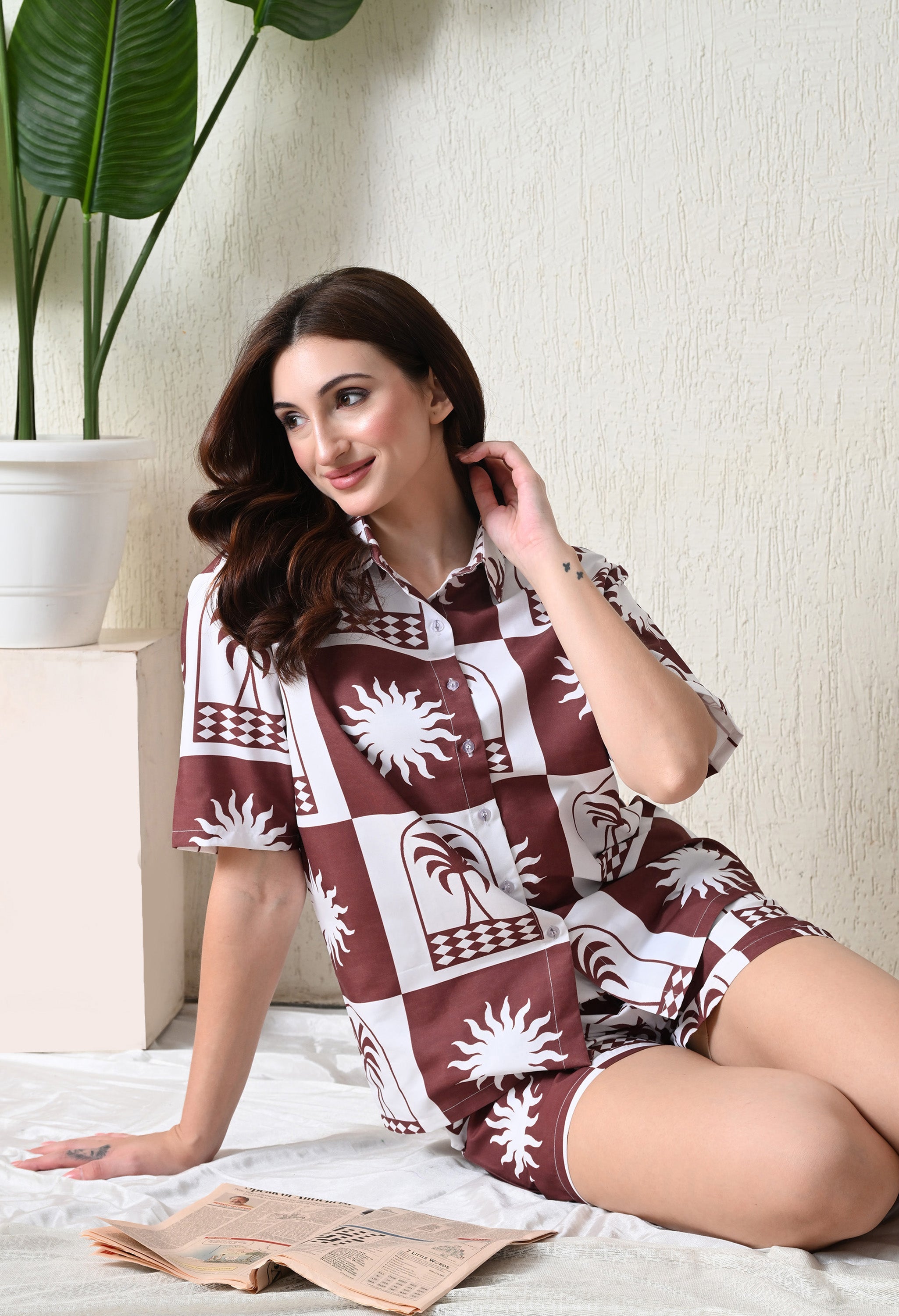 Brown & White Abstract Palm Printed Japanese Blend Cotton Shirt & Short Set by Ameerah