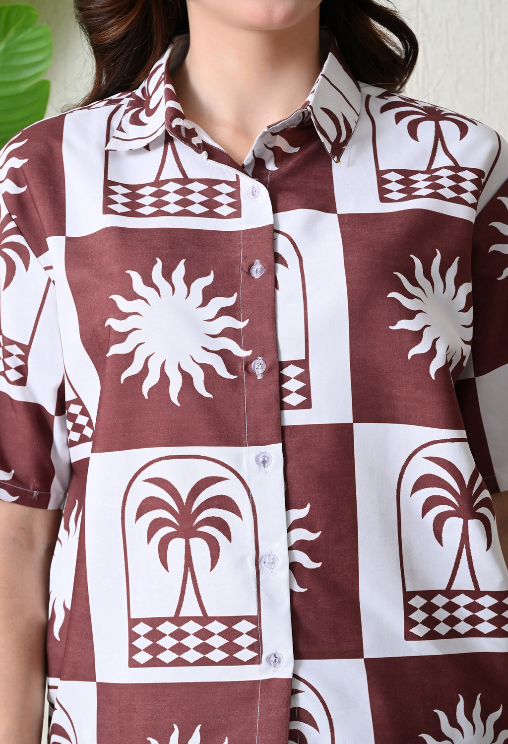 Brown & White Abstract Palm Printed Japanese Blend Cotton Shirt & Short Set by Ameerah
