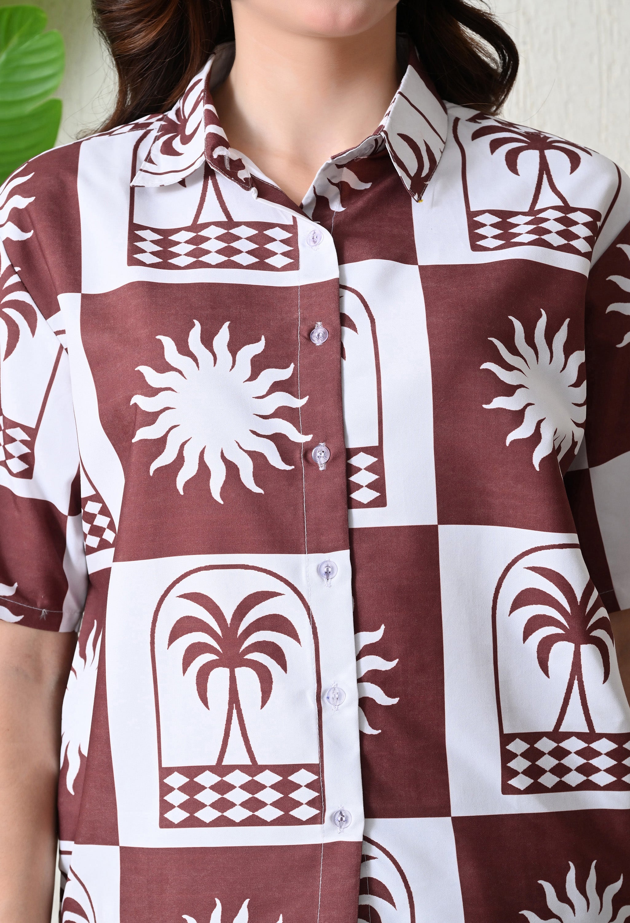 Brown & White Abstract Palm Printed Japanese Blend Cotton Shirt & Short Set by Ameerah