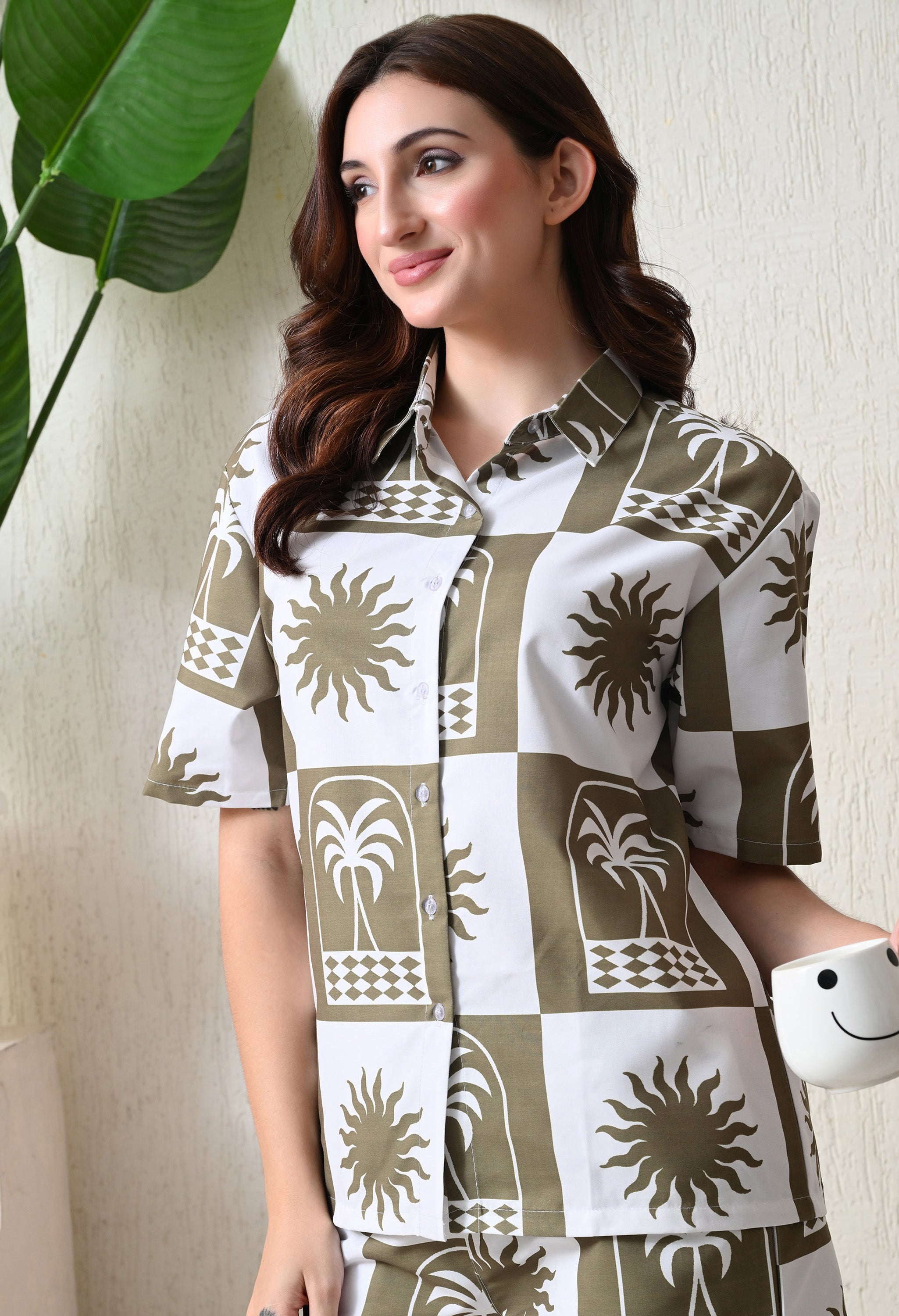 Olive & White Abstract Palm Printed Japanese Blend Cotton Shirt & Short Set by Ameerah