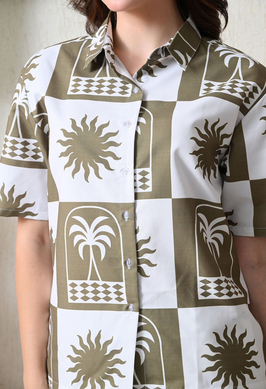 Olive & White Abstract Palm Printed Japanese Blend Cotton Shirt & Short Set by Ameerah