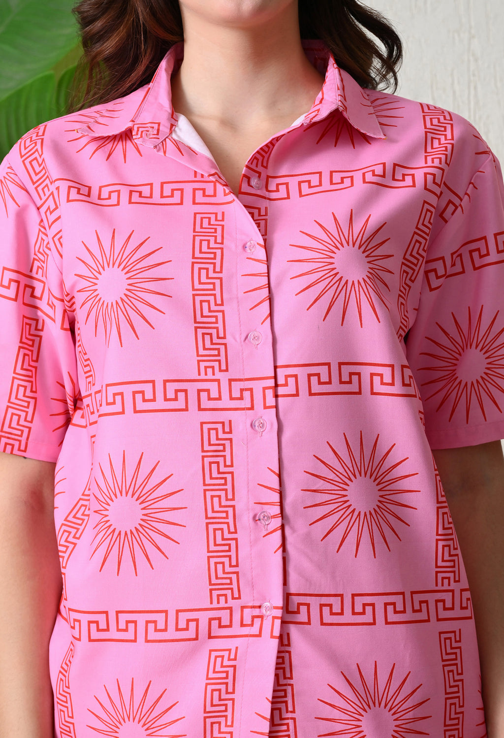 Pink & Red Abstract Sun Printed Japanese Blend Cotton Shirt & Short Set by Ameerah