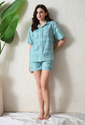 Teal & White Abstract Sun Printed Japanese Blend Cotton Shirt & Short Set by Ameerah