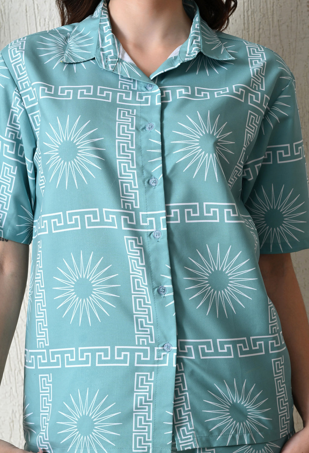 Teal & White Abstract Sun Printed Japanese Blend Cotton Shirt & Short Set by Ameerah