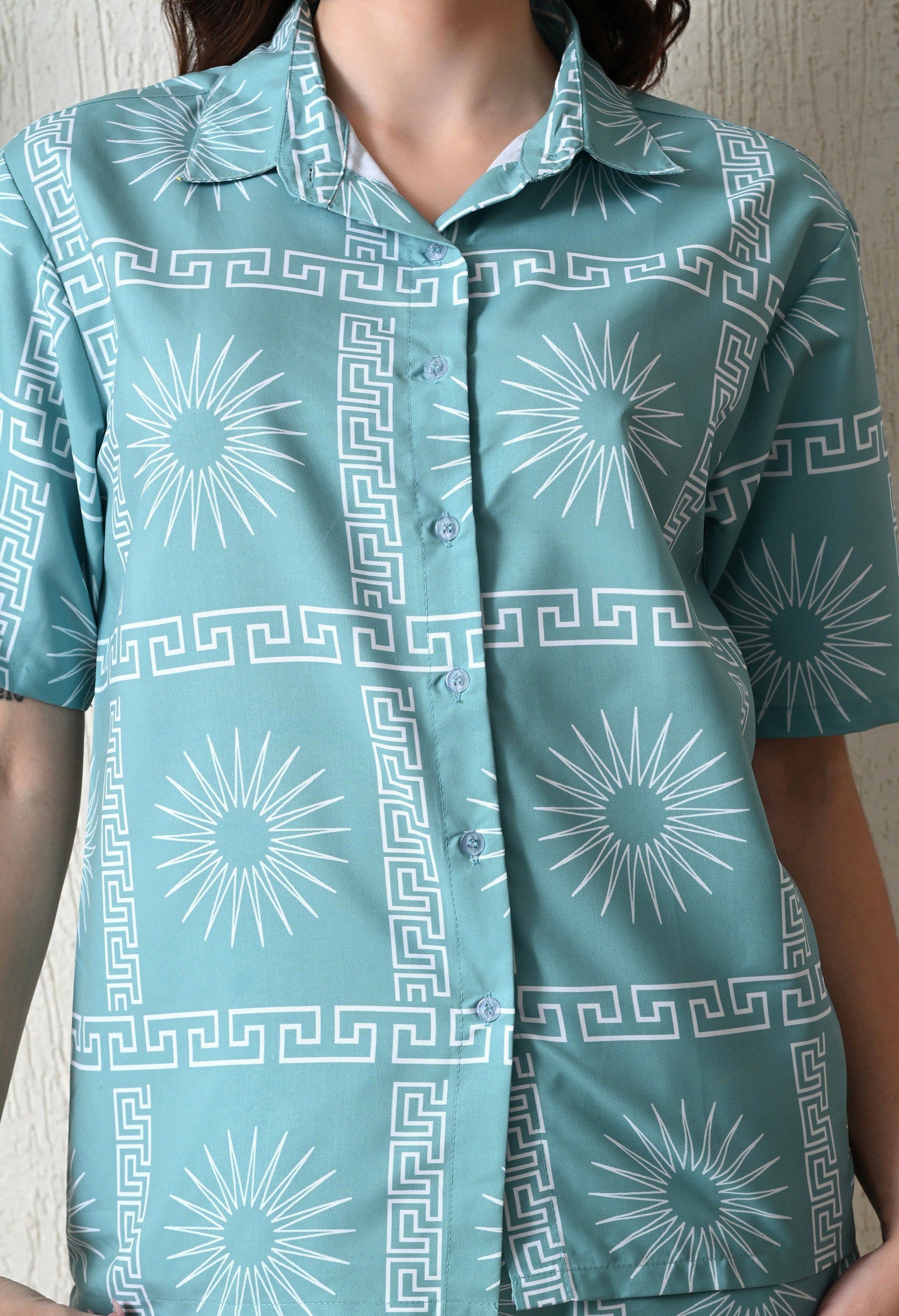 Teal & White Abstract Sun Printed Japanese Blend Cotton Shirt & Short Set by Ameerah