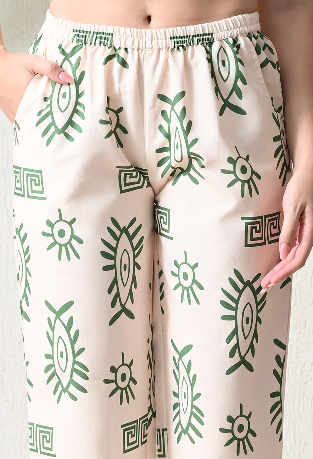 Cream & Green Abstract Eye Printed Japanese Blend Cotton Nightsuit Set by Ameerah