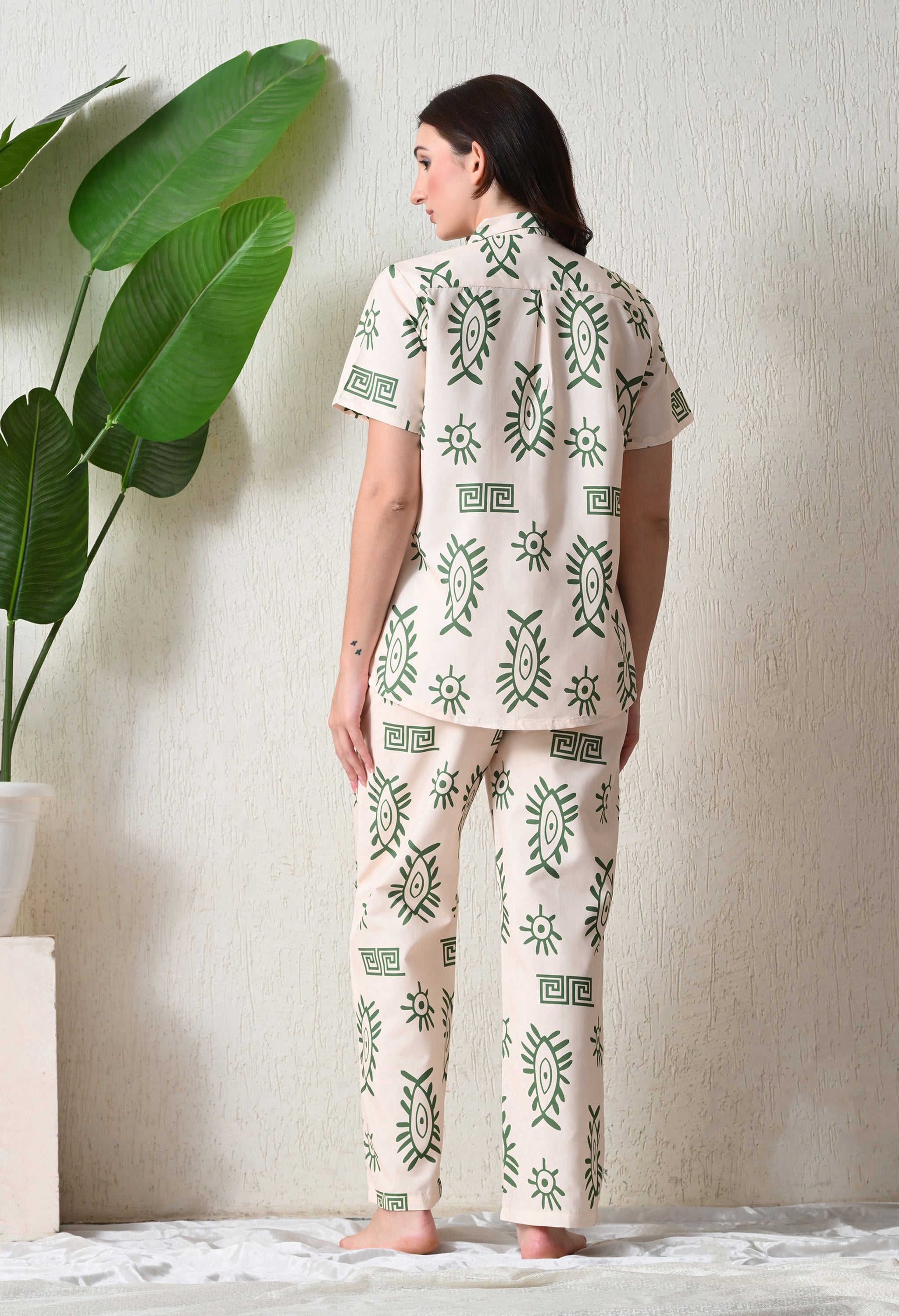 Cream & Green Abstract Eye Printed Japanese Blend Cotton Nightsuit Set by Ameerah