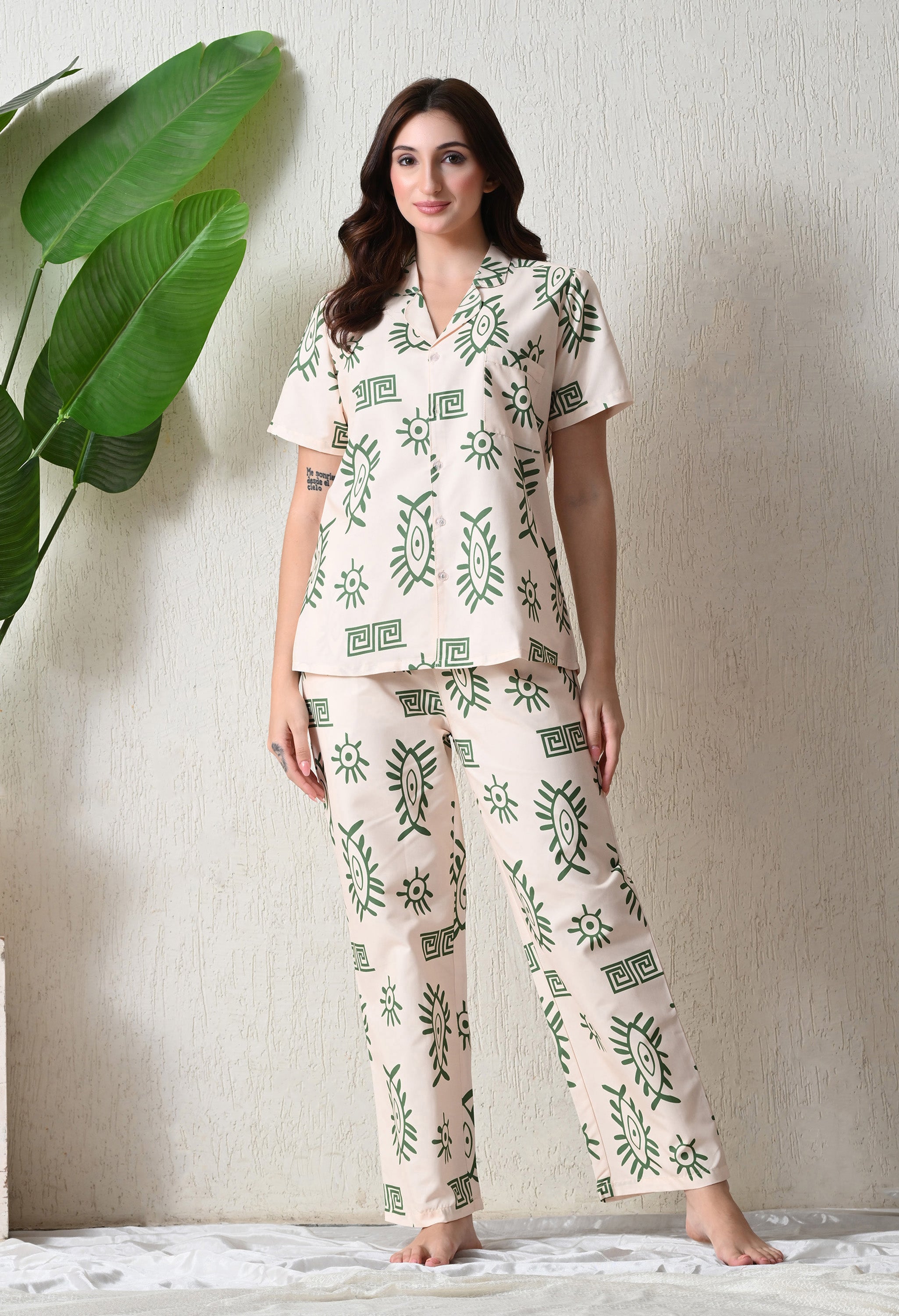 Cream & Green Abstract Eye Printed Japanese Blend Cotton Nightsuit Set by Ameerah