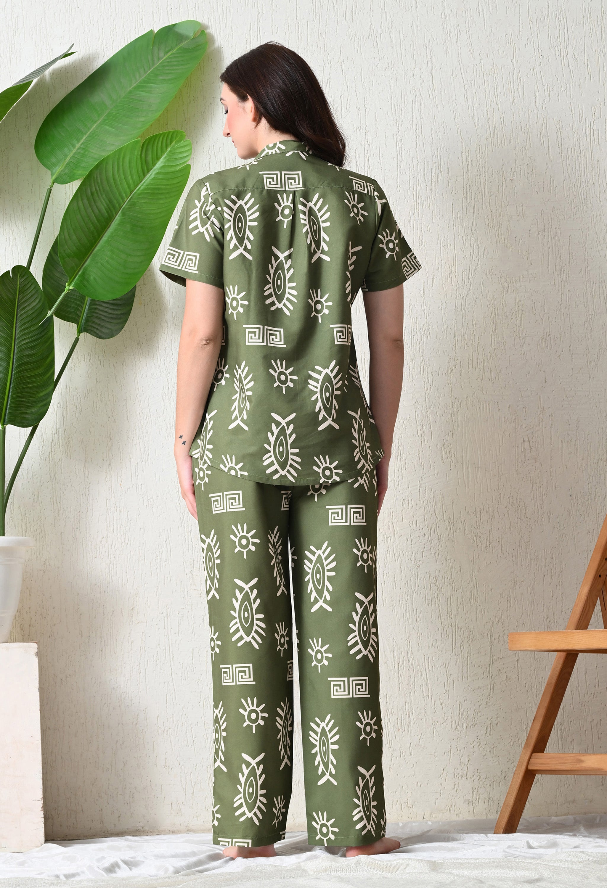Olive Green Abstract Eye Printed Japanese Blend Cotton Nightsuit Set by Ameerah