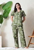 Olive Green Abstract Eye Printed Japanese Blend Cotton Nightsuit Set by Ameerah