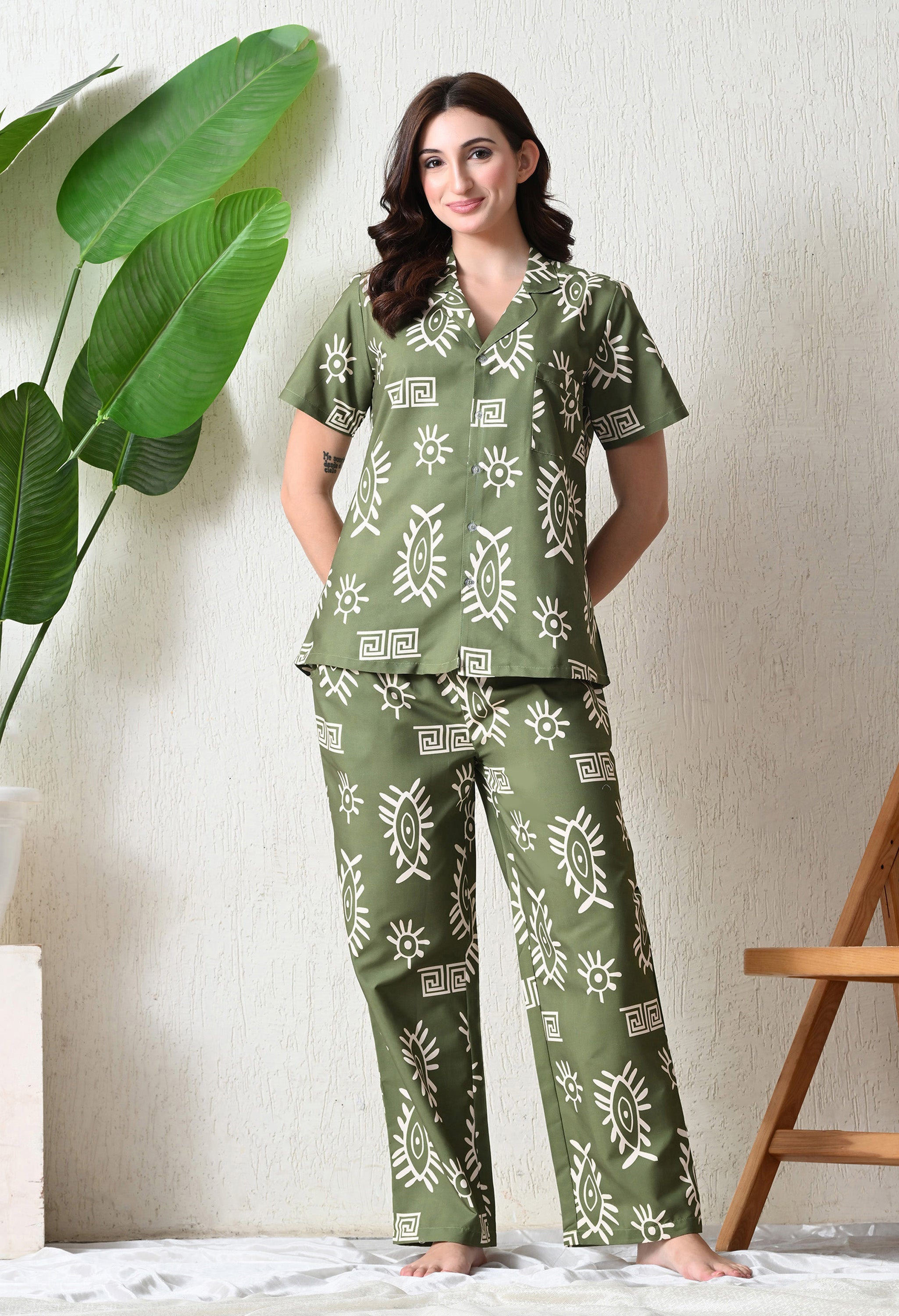 Olive Green Abstract Eye Printed Japanese Blend Cotton Nightsuit Set by Ameerah