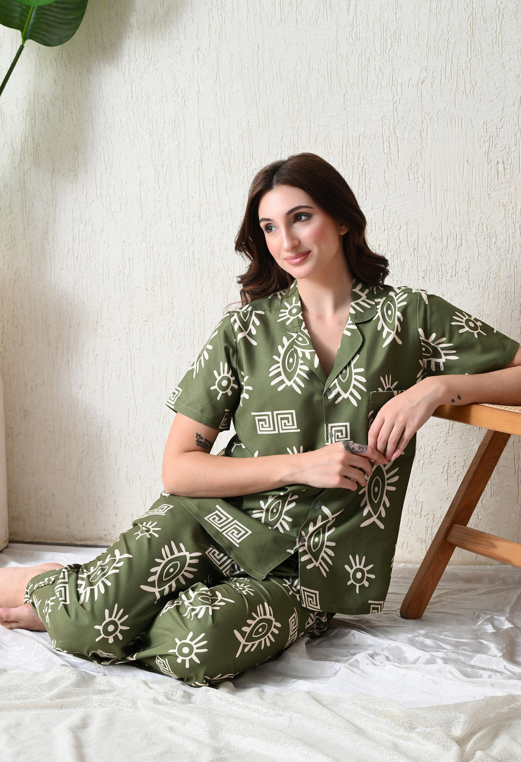 Olive Green Abstract Eye Printed Japanese Blend Cotton Nightsuit Set by Ameerah
