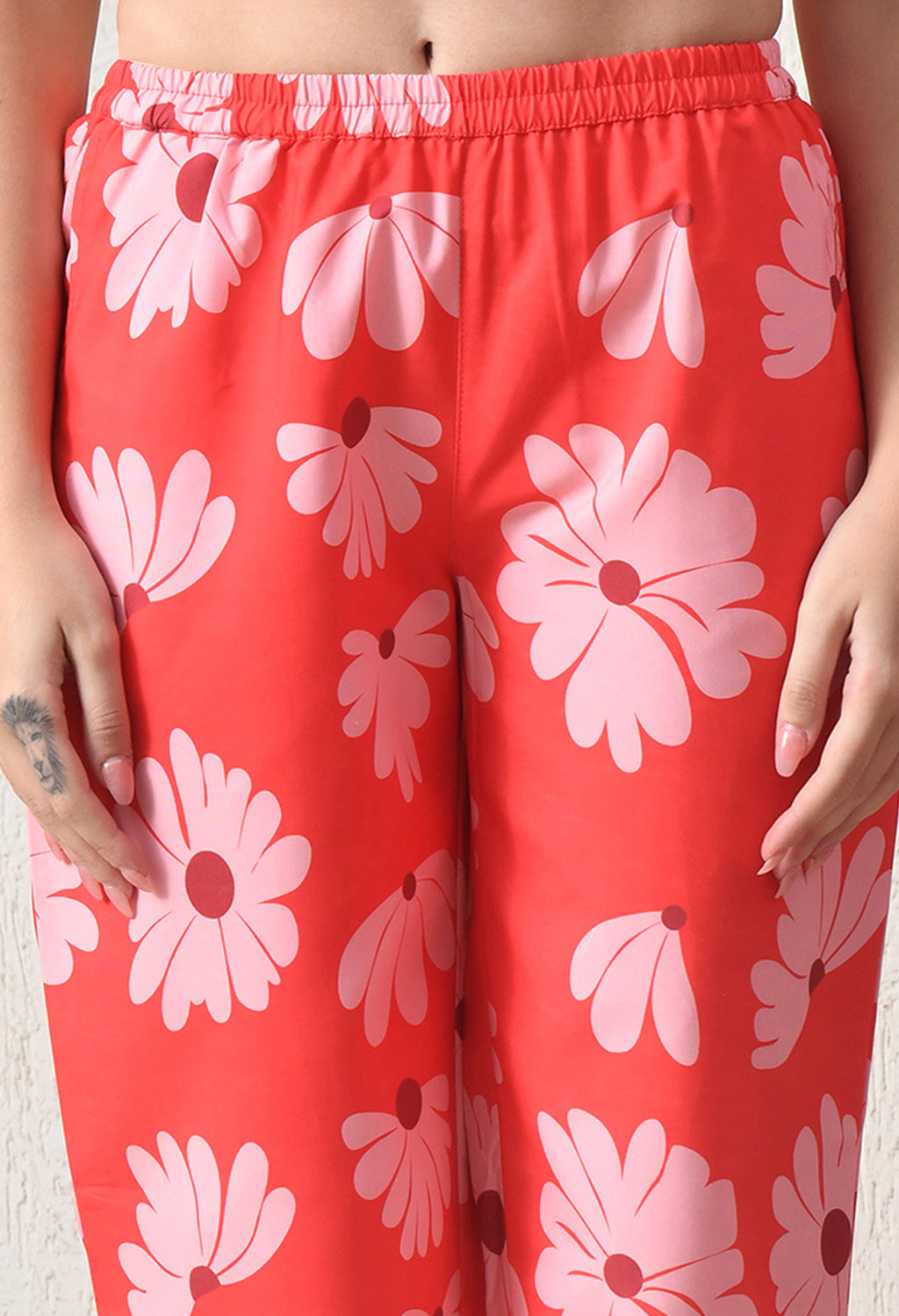 Coral Red Floral Printed Japanese Blend Cotton Shirt & Pyjama Set by Ameerah