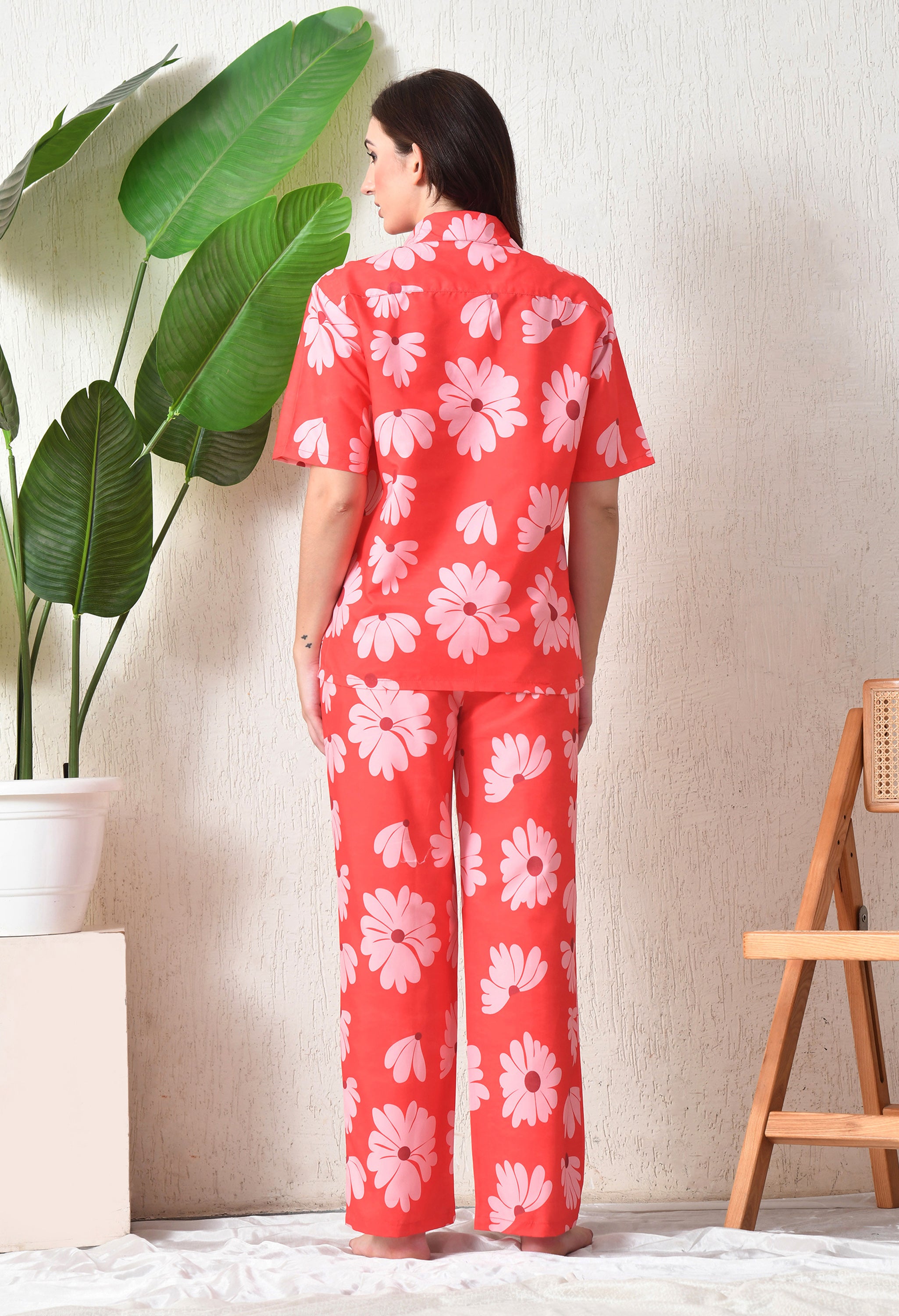 Coral Red Floral Printed Japanese Blend Cotton Shirt & Pyjama Set by Ameerah