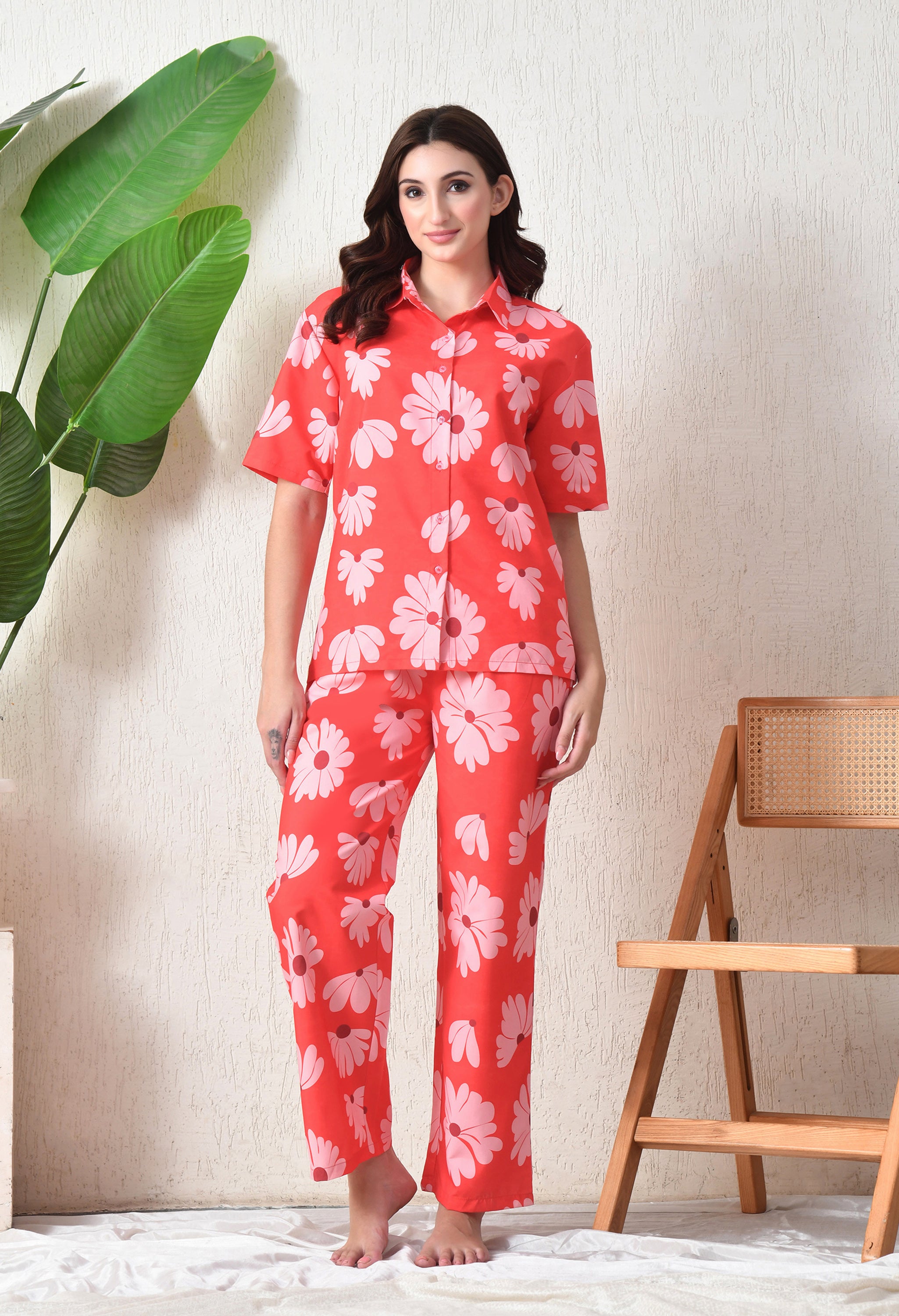 Coral Red Floral Printed Japanese Blend Cotton Shirt & Pyjama Set by Ameerah