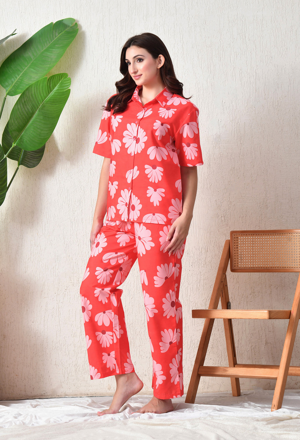 Coral Red Floral Printed Japanese Blend Cotton Shirt & Pyjama Set by Ameerah