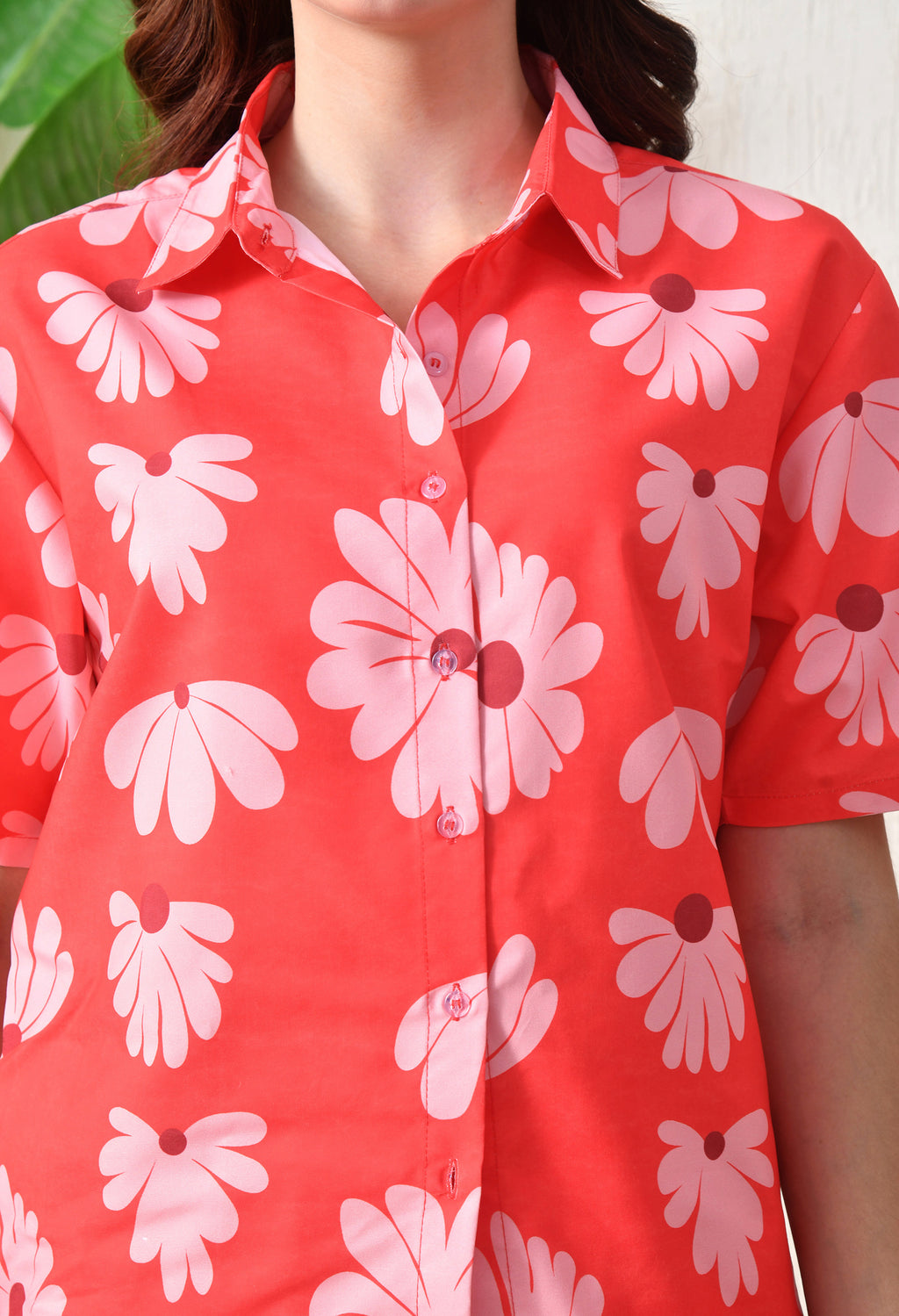Coral Red Floral Printed Japanese Blend Cotton Shirt & Pyjama Set by Ameerah