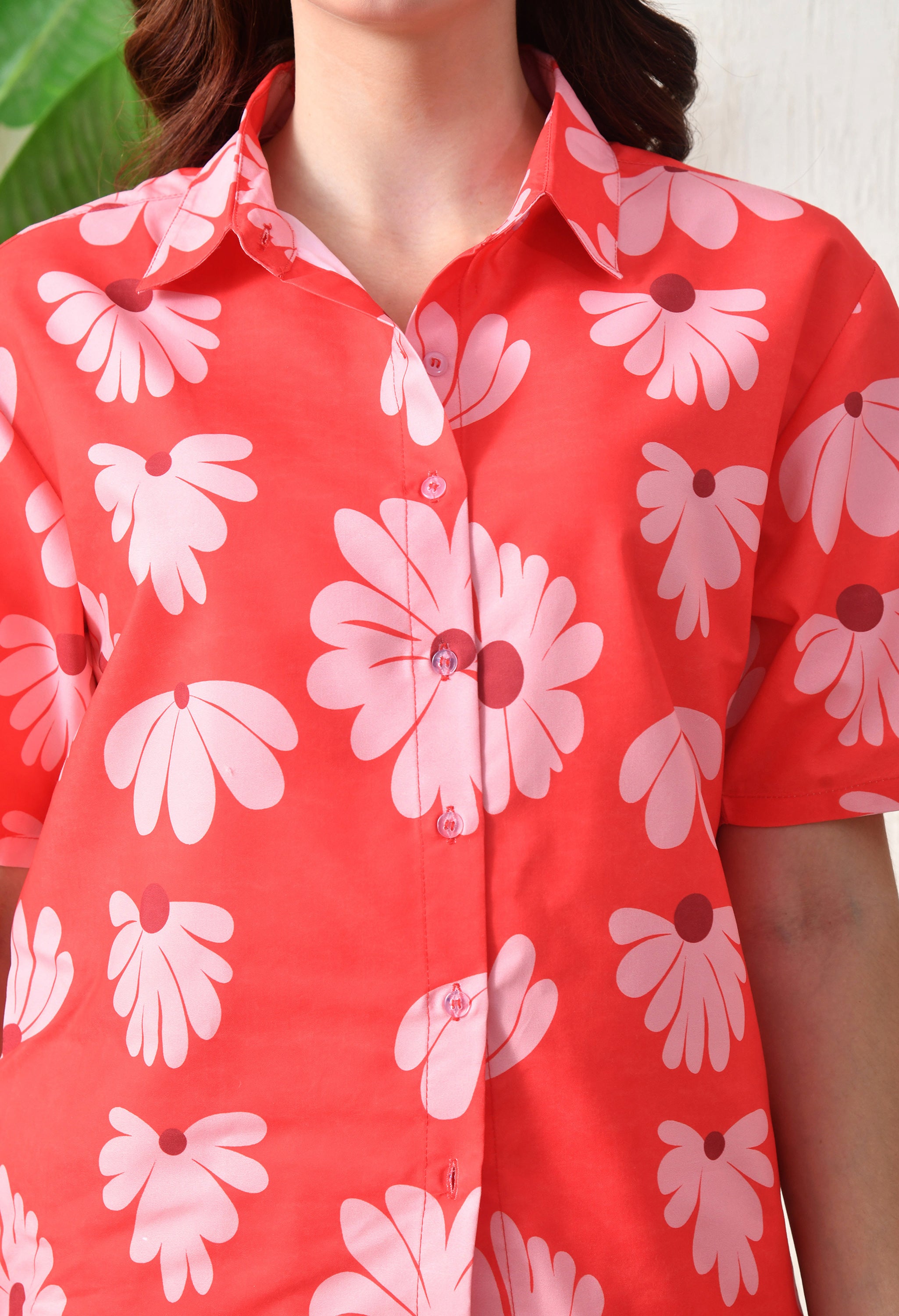 Coral Red Floral Printed Japanese Blend Cotton Shirt & Pyjama Set by Ameerah