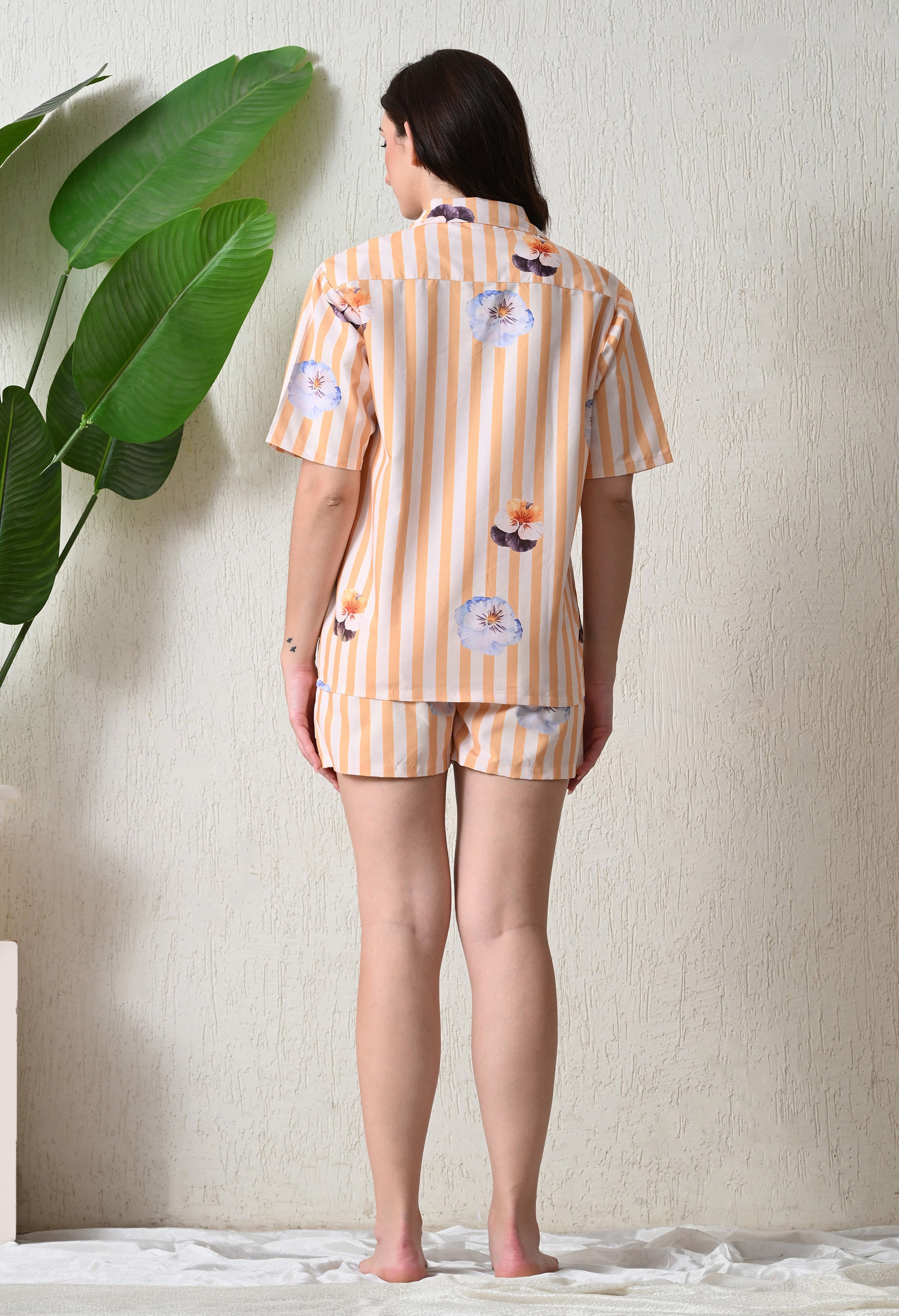 Peach Stripe Floral Printed Japanese Blend Cotton Shirt & Short Set by Ameerah