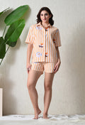 Peach Stripe Floral Printed Japanese Blend Cotton Shirt & Short Set by Ameerah