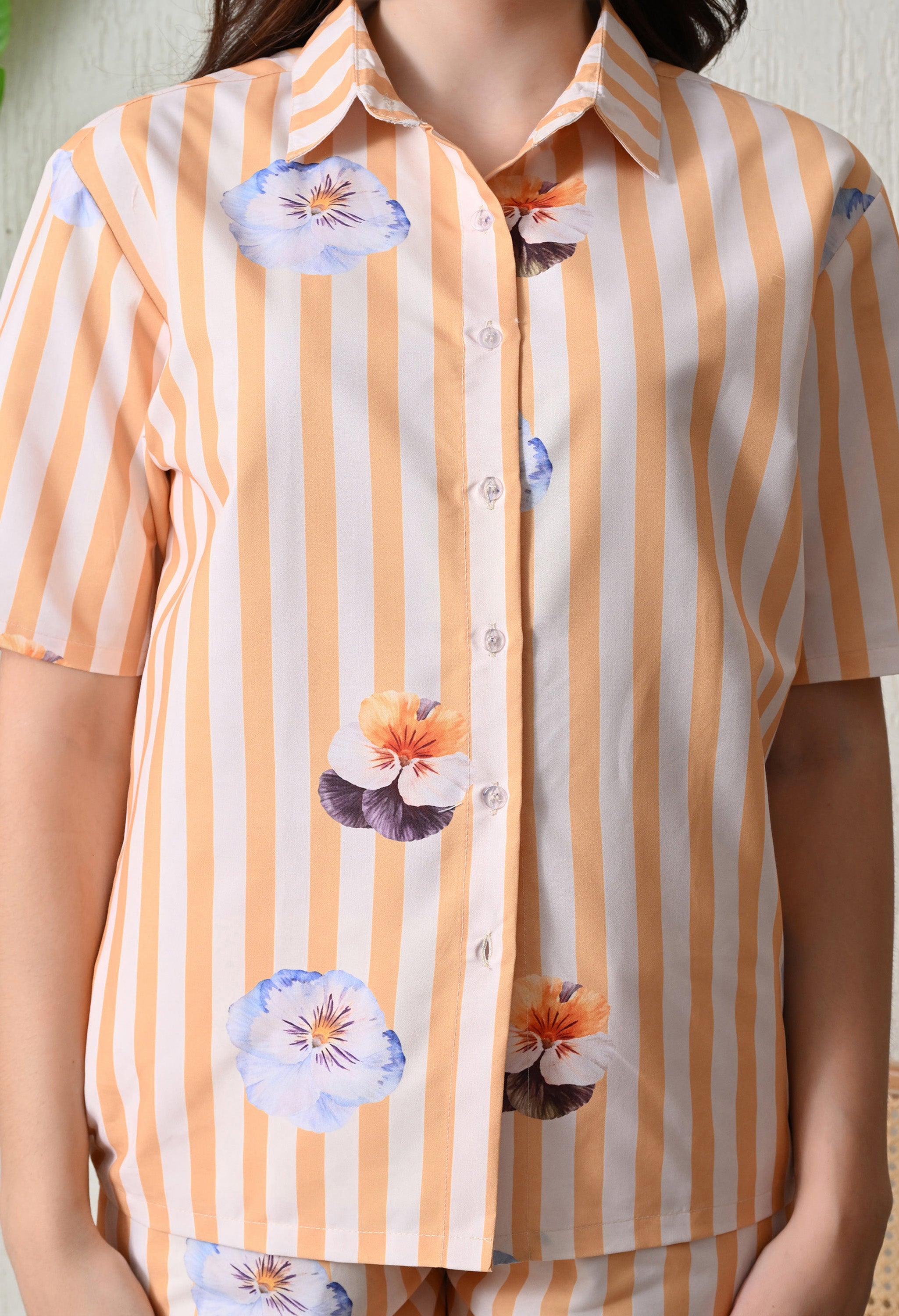 Peach Stripe Floral Printed Japanese Blend Cotton Shirt & Short Set by Ameerah