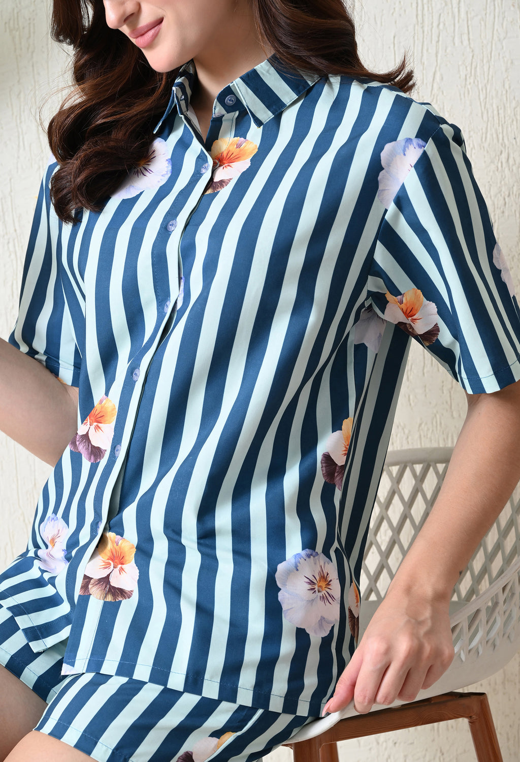 Blue Stripe Floral Printed Japanese Blend Cotton Shirt & Short Set by Ameerah