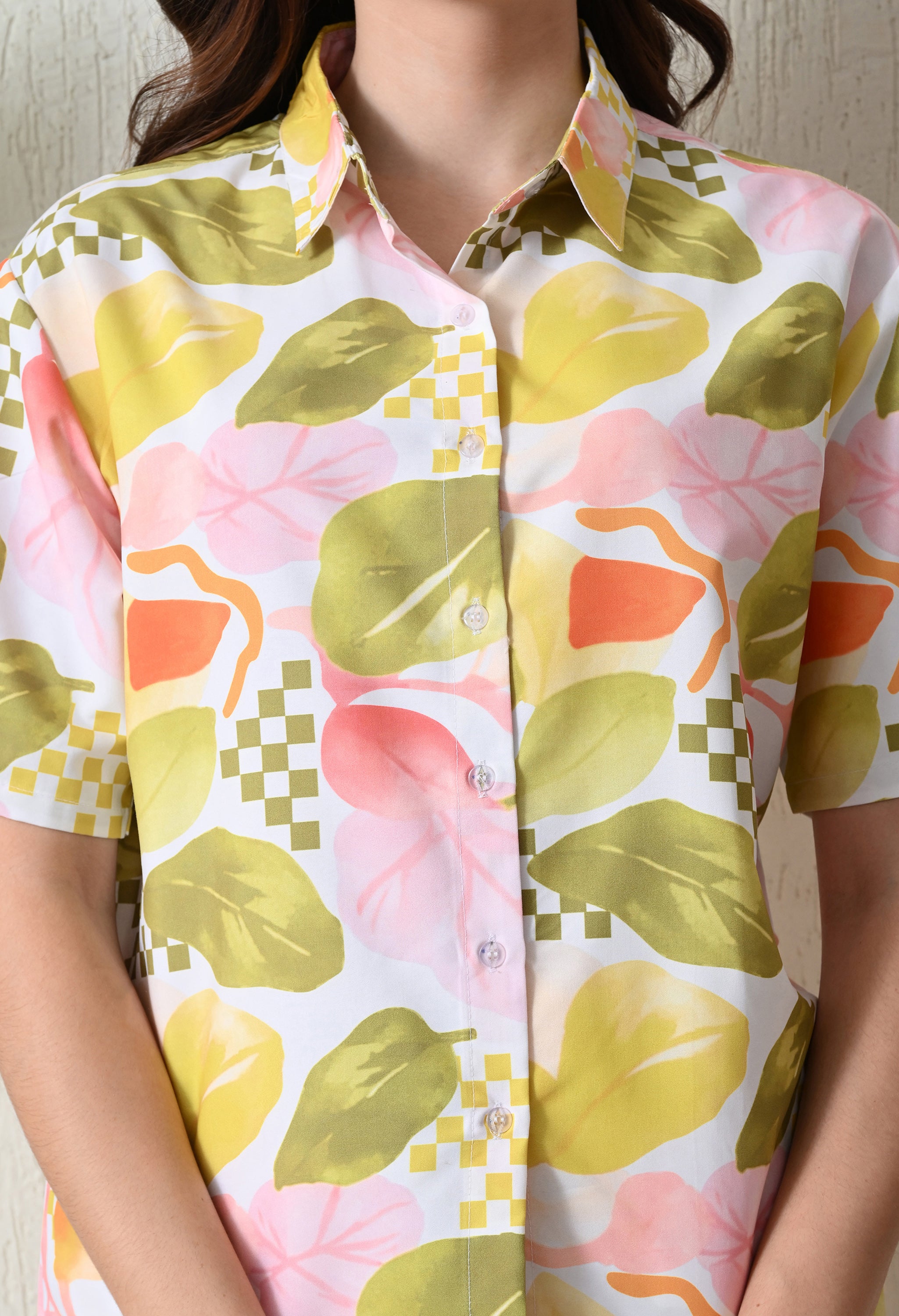 Off White Pastel Leaf Printed Japanese Blend Cotton Shirt & Short Set by Ameerah