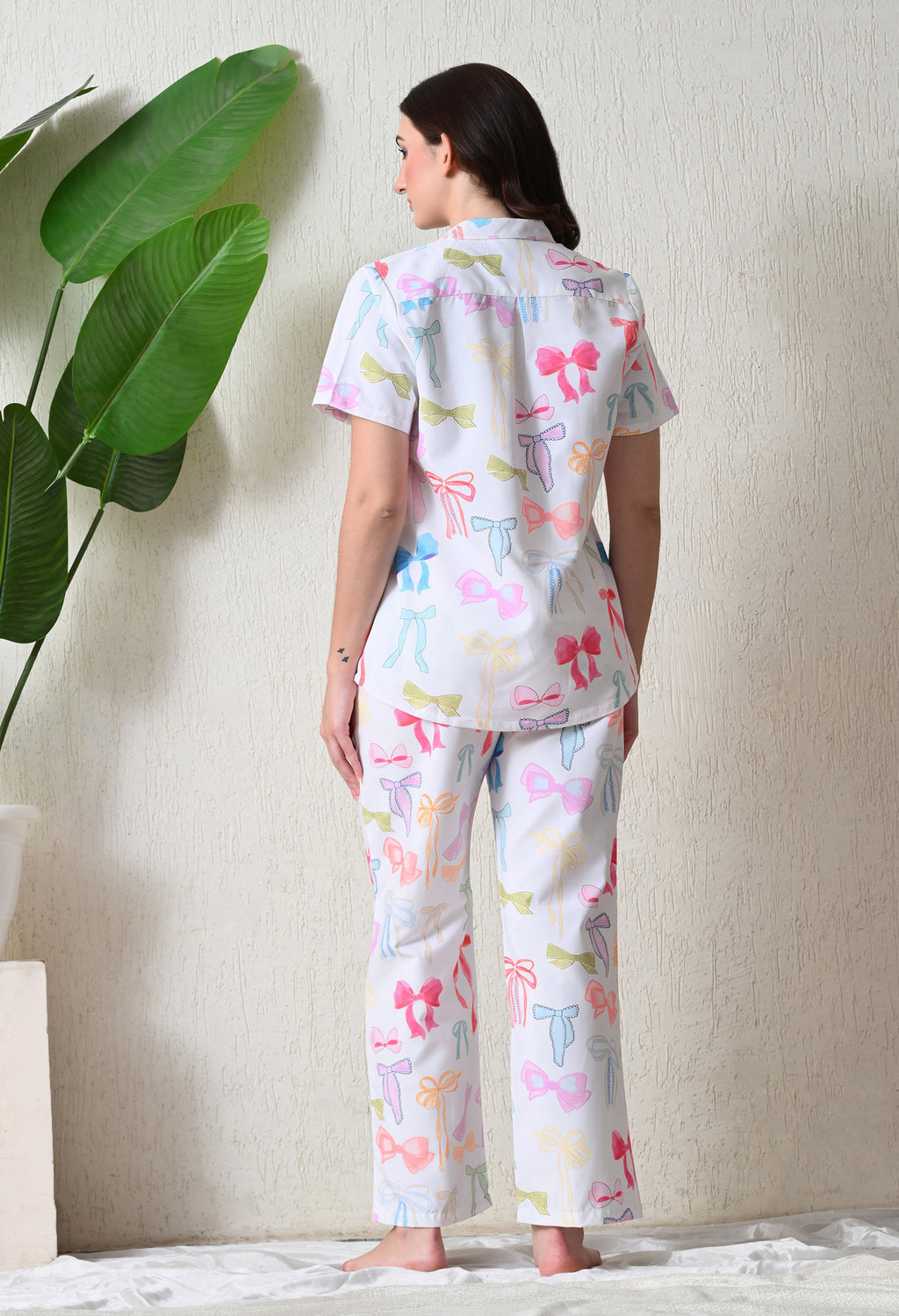 Off White Pastel Bow Printed Japanese Blend Cotton Nightsuit Set by Ameerah