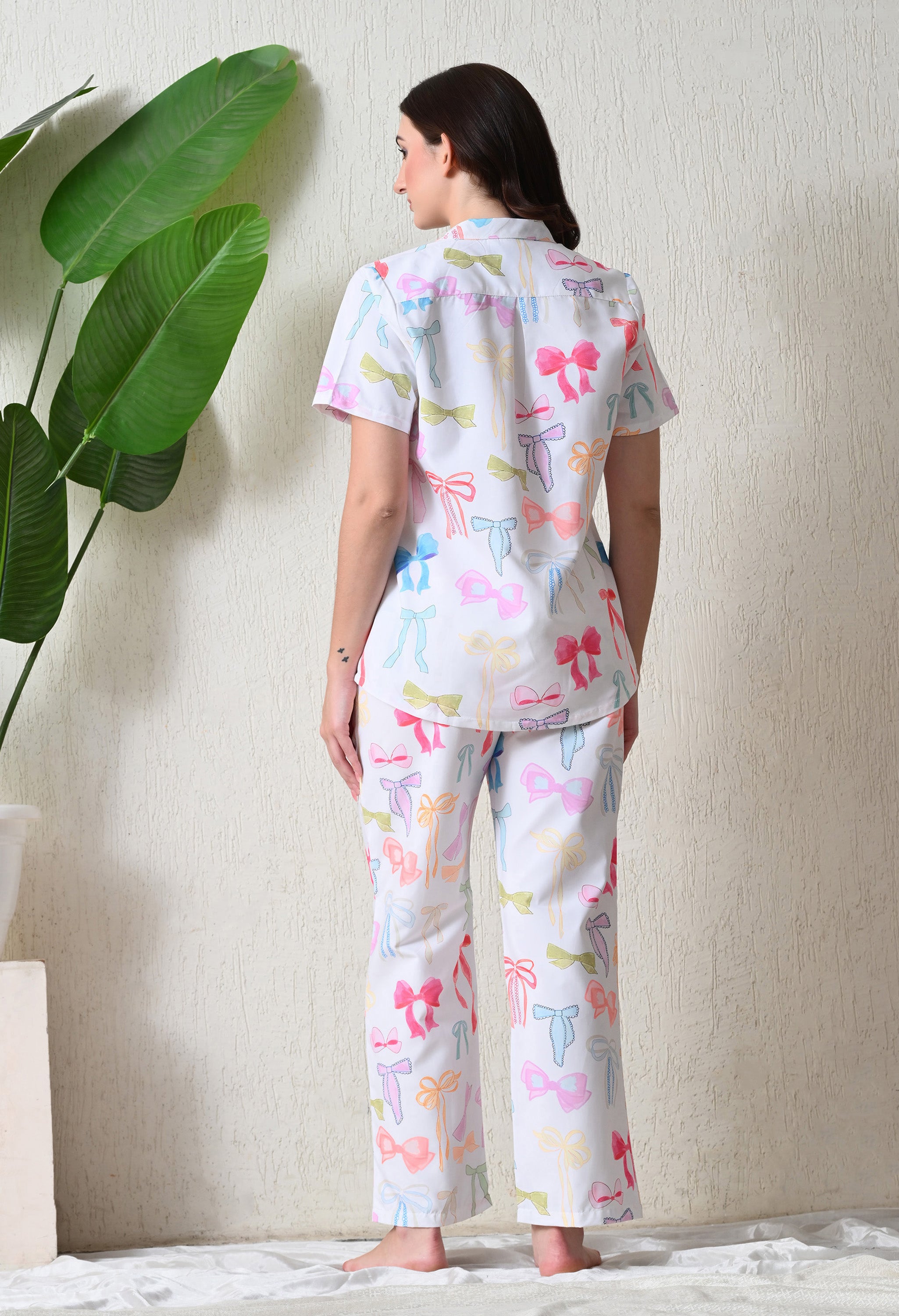 Off White Pastel Bow Printed Japanese Blend Cotton Nightsuit Set by Ameerah