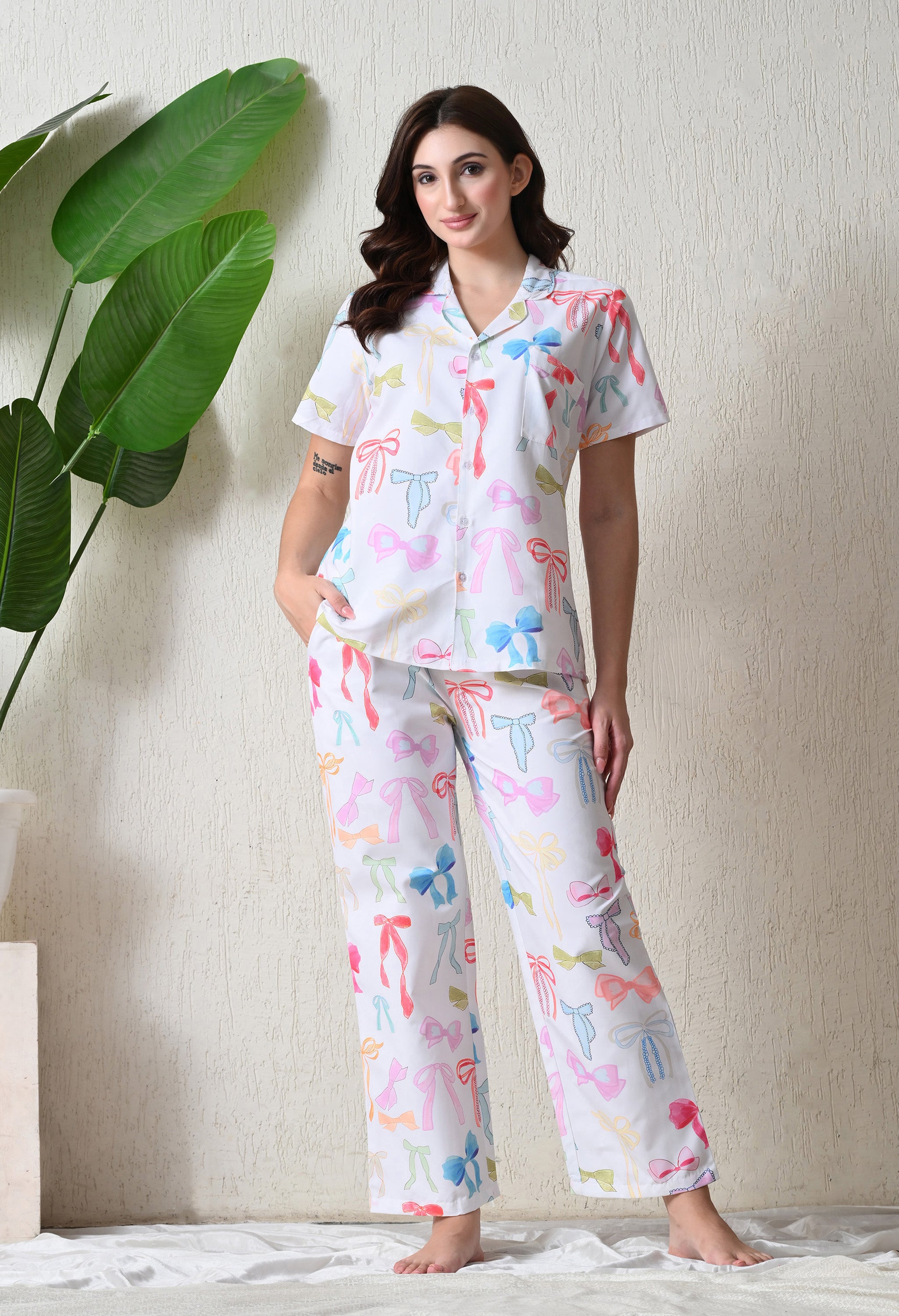Off White Pastel Bow Printed Japanese Blend Cotton Nightsuit Set by Ameerah